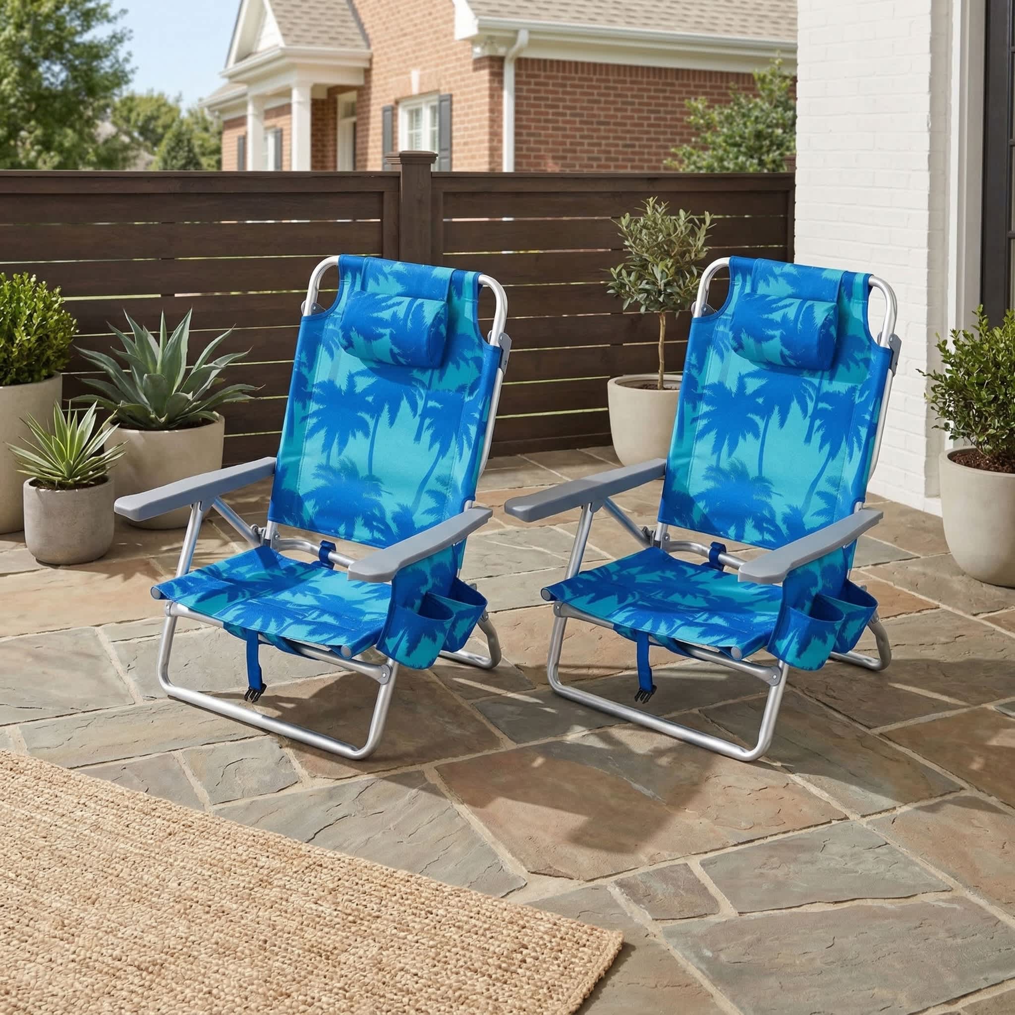 CIPACHO  Beach Chairs Set of 2 Portable Folding Backpack Recliners with 5 Position Backrest and Padded Headrest Blue