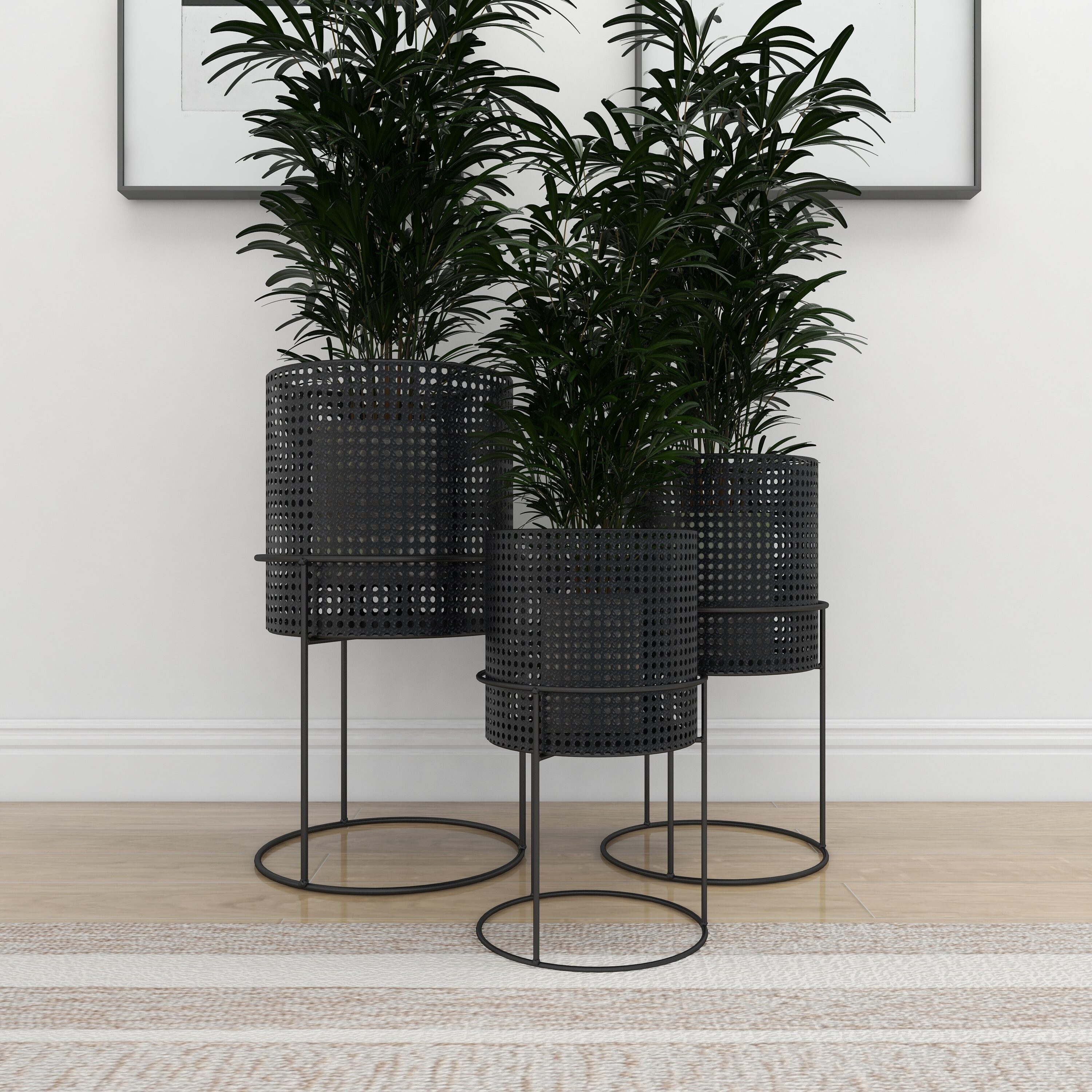 Set of 3 Black Metal Perforated Cylinder Floor Planters