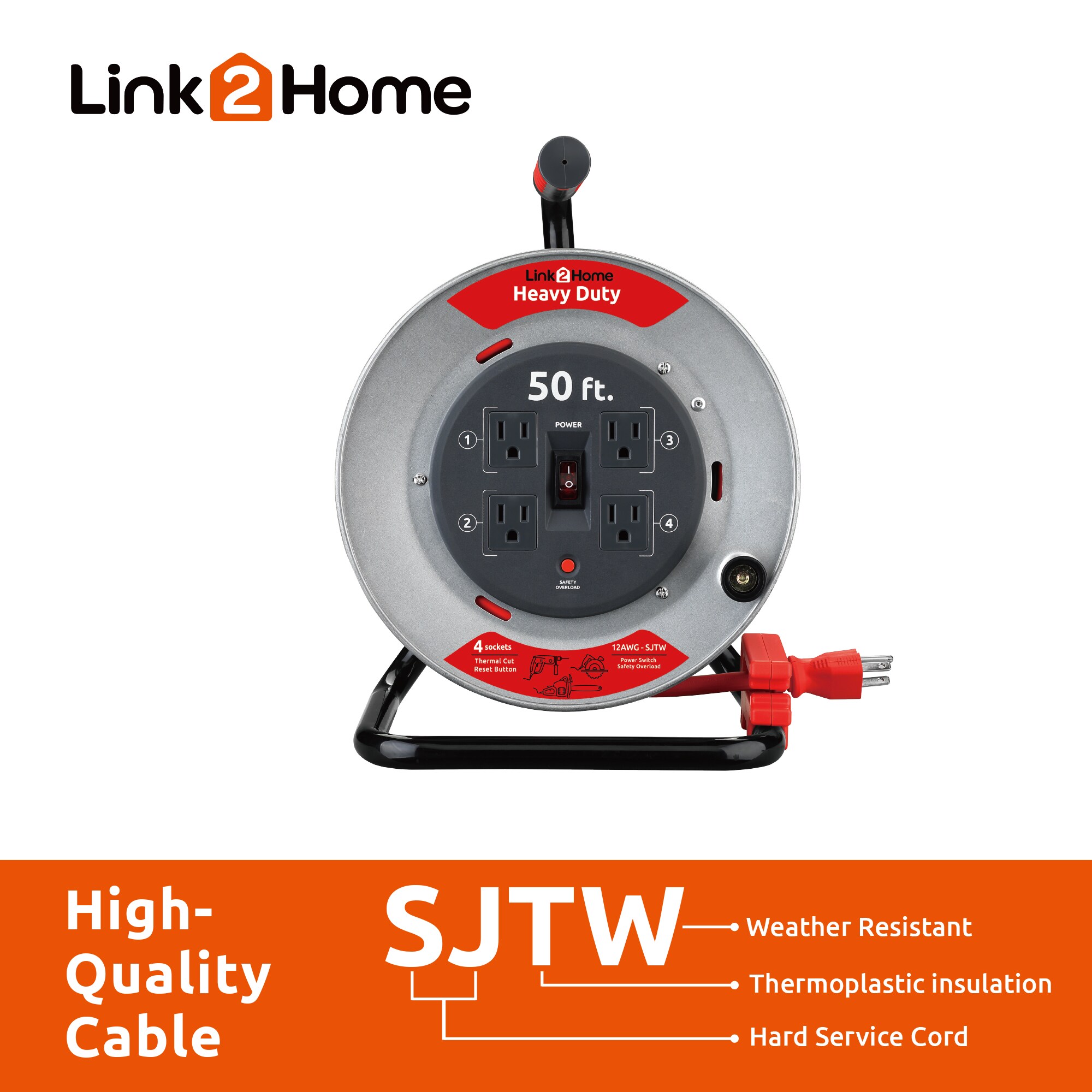 Link2Home Cord Reel Extension Cord 4 Power Outlets – 14 AWG SJTW Cable. 