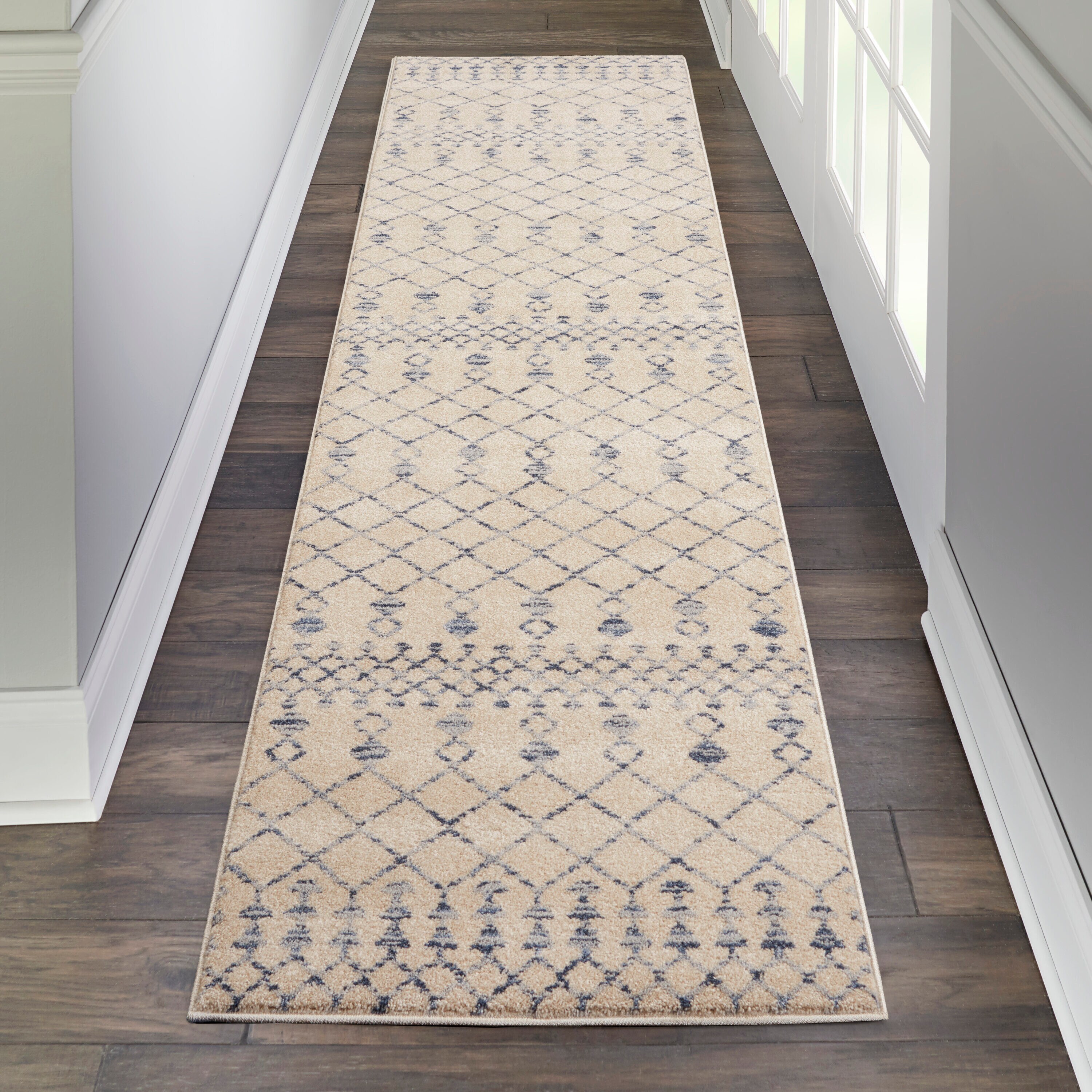 Nourison 99446721068 Royal Moroccan 2 x 8 (ft) Loomed Polypropylene Beige Blue Irregular Indoor Geometric Moroccan Area rug