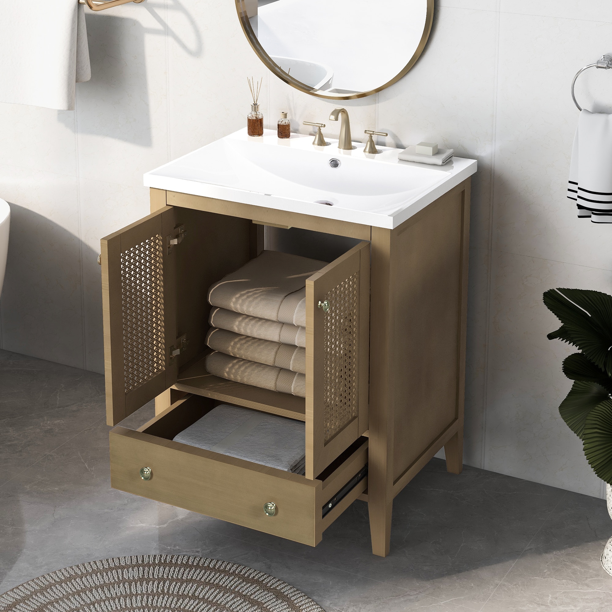 ModernLuxe L3P-JL000008AAD-1 24inch Bathroom Vanity with Ceramic Basin Rattan Bathroom Storage Cabinet with Two Doors and Drawer Solid Frame Natural