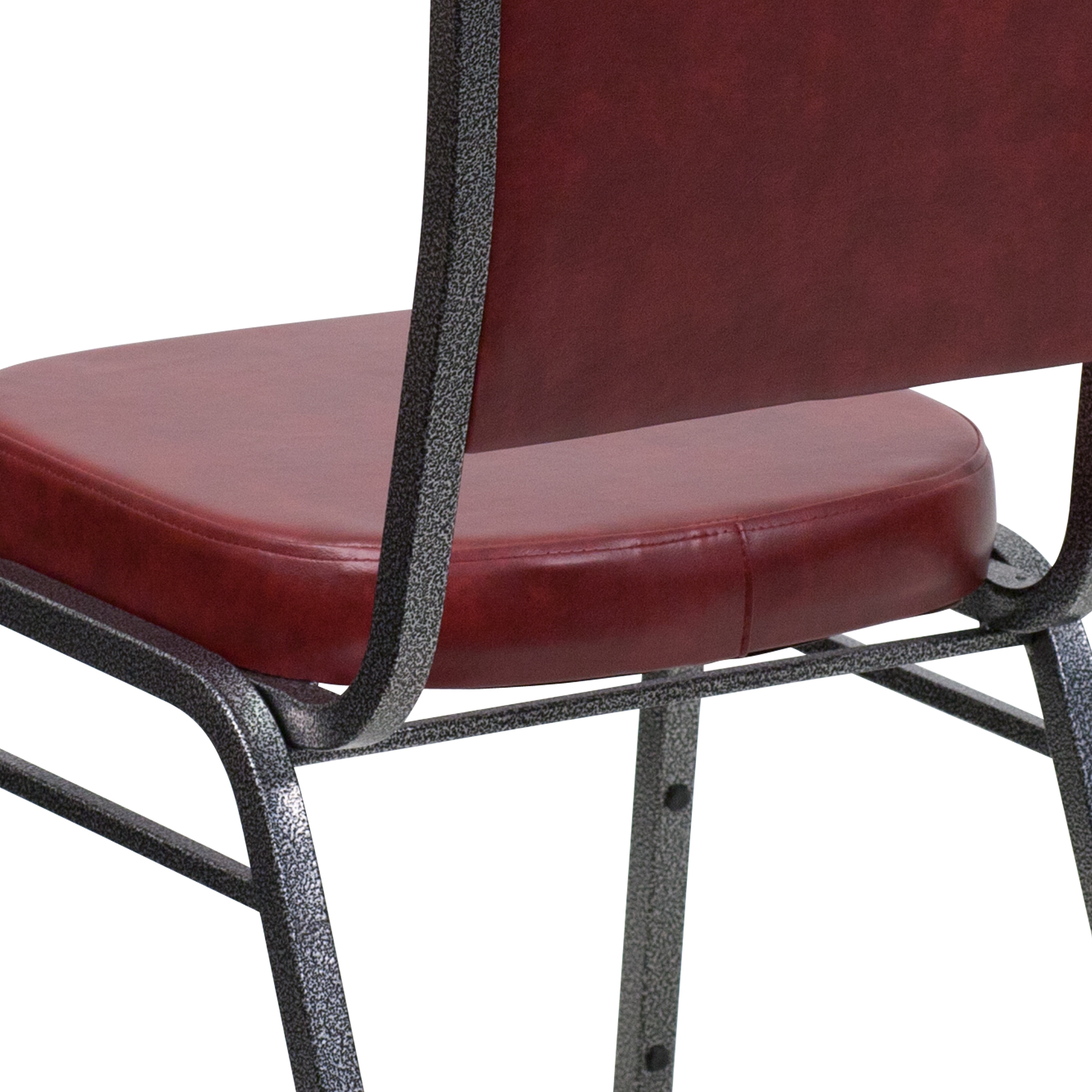 Elegant Burgundy Vinyl Stacking Chair with Silver Vein Metal Frame