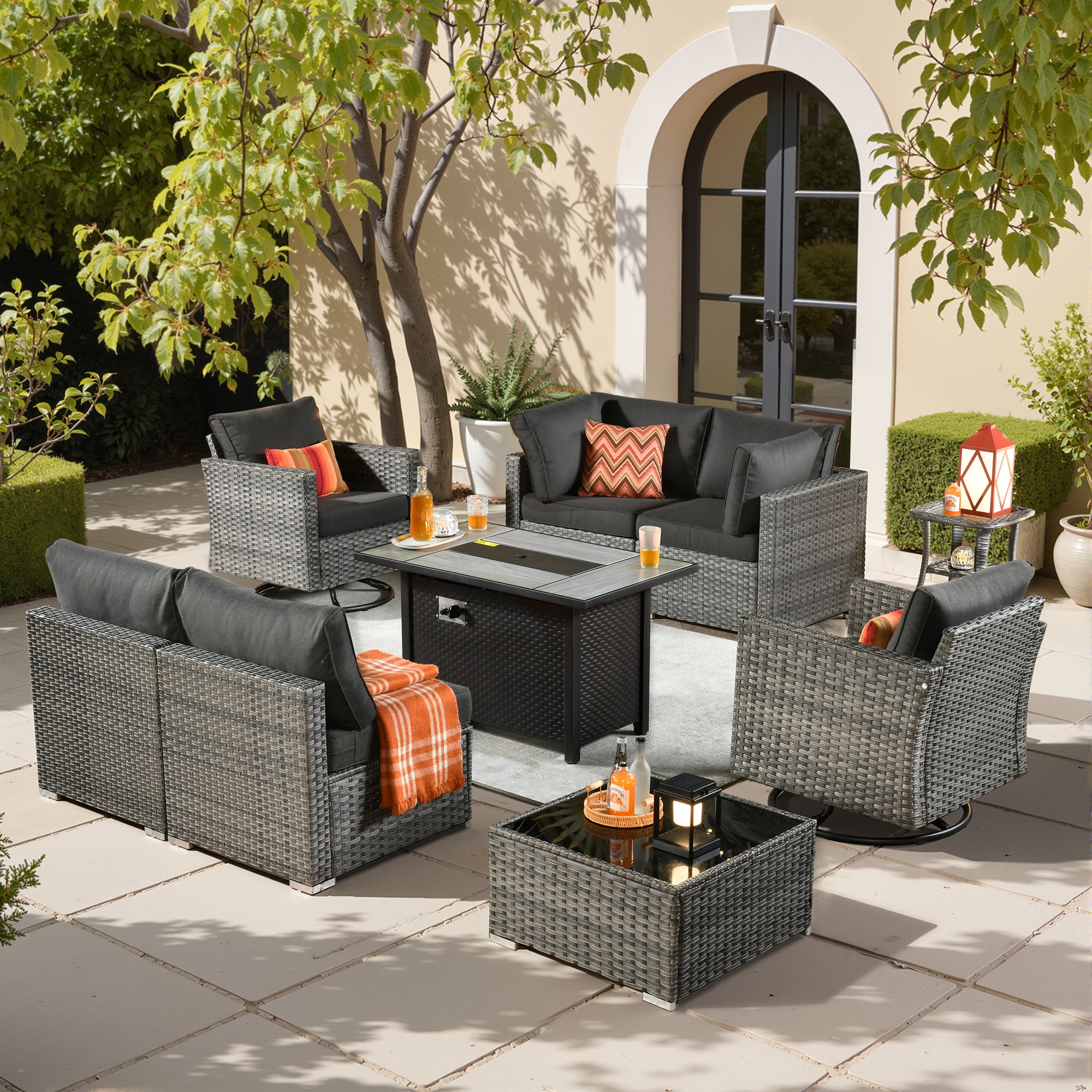 weaxty DCFP03RRSGRS109 Kuuga 9 -Piece Rattan Patio Conversation Set with Black Cushions