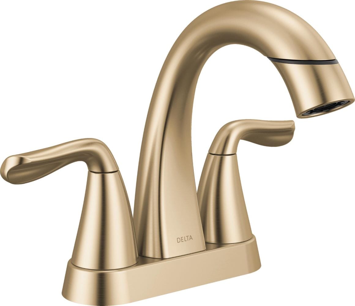 Delta 25840LF-CZPD Arvo Champagne Bronze 4-in centerset 2-handle WaterSense Mid-arc Residential Handle Pull-down Bathroom Sink Faucet with Drain