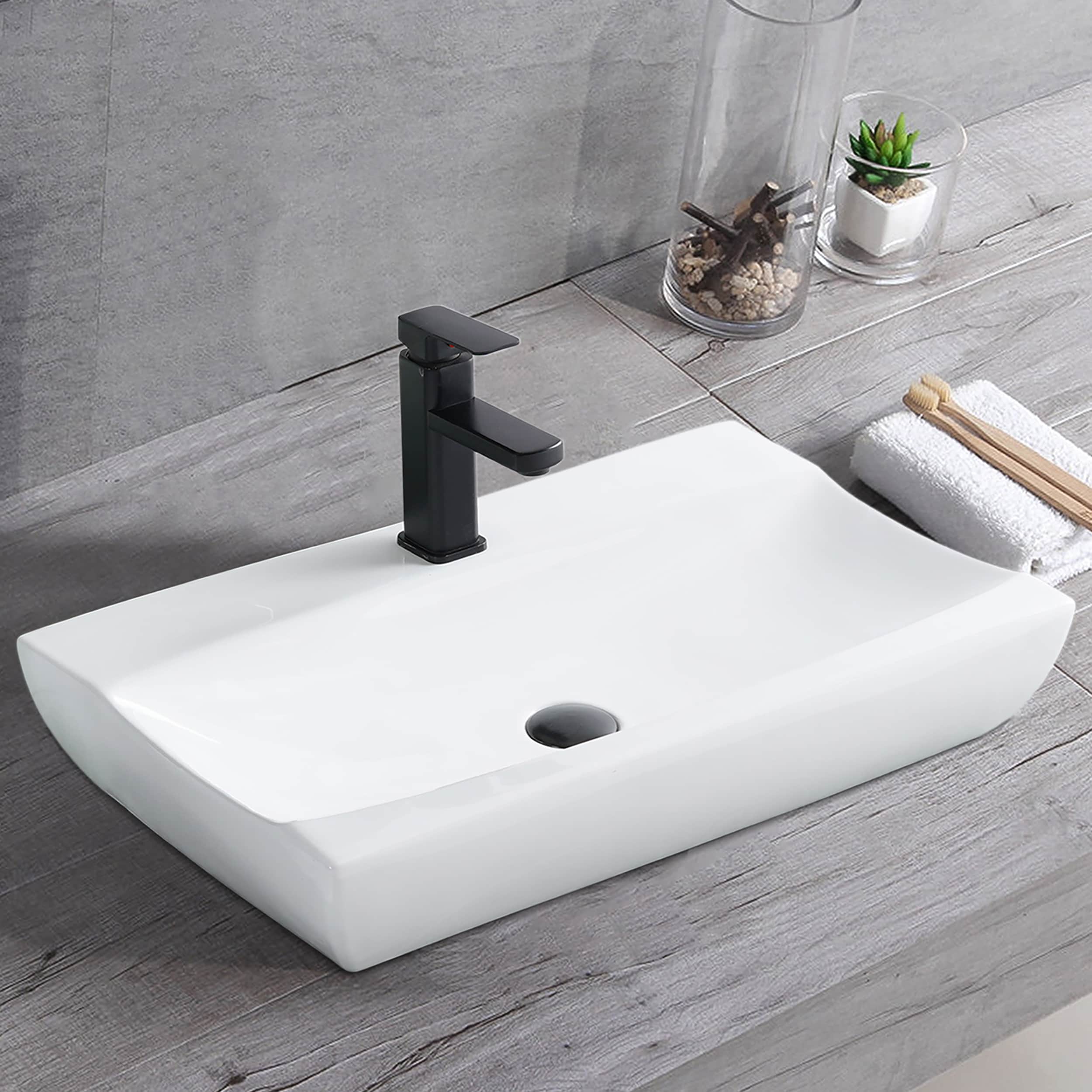CASAINC ORAS-W51224032 White Ceramic Vessel Rectangular Modern Bathroom Sink with Drain Included (24.5-in x 15.38-in)