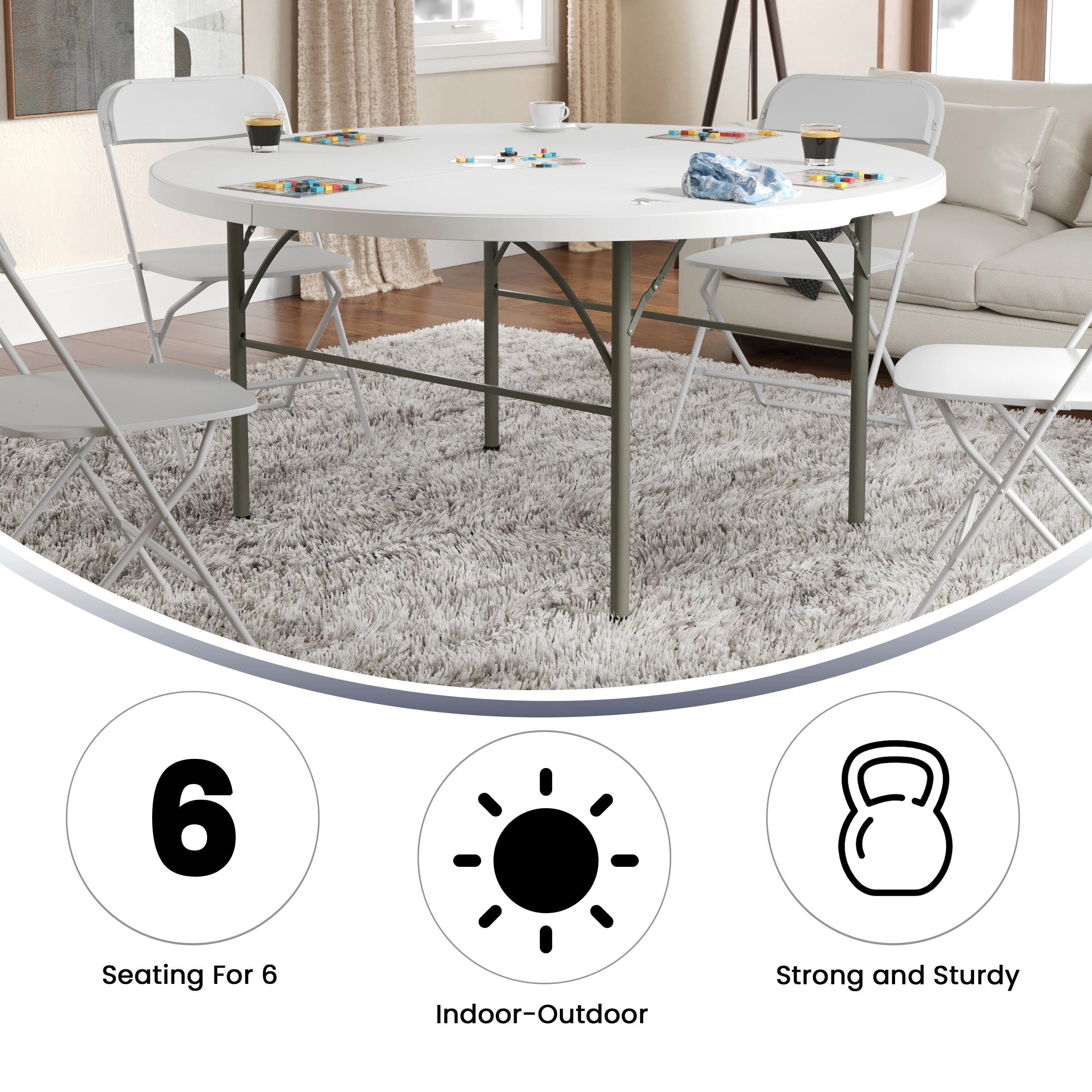 Granite White 60'' Round Bi-Fold Table with Metal Frame and Handle