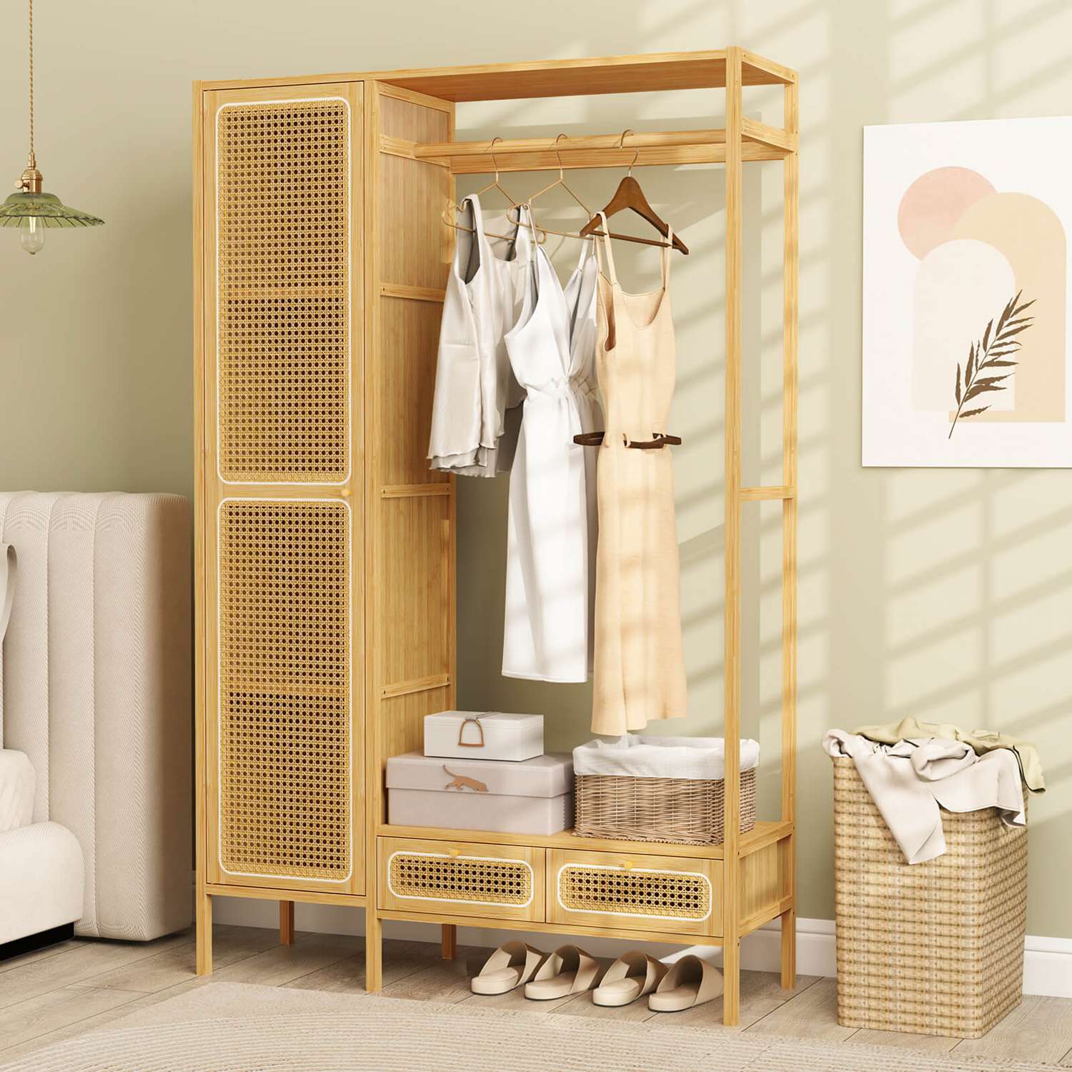 Costway Bamboo Clothing Rack with Cabinet - Thumbnail 4