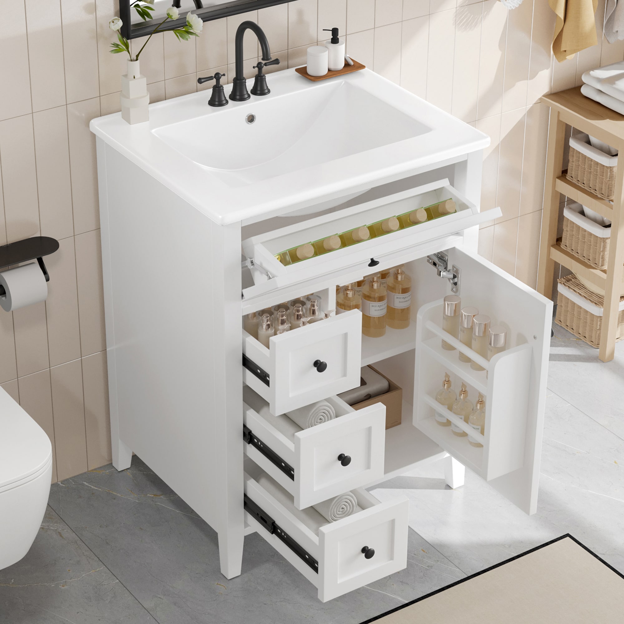 WELLFOR 24-in White Single sink Bathroom Vanity with White Ceramic Top