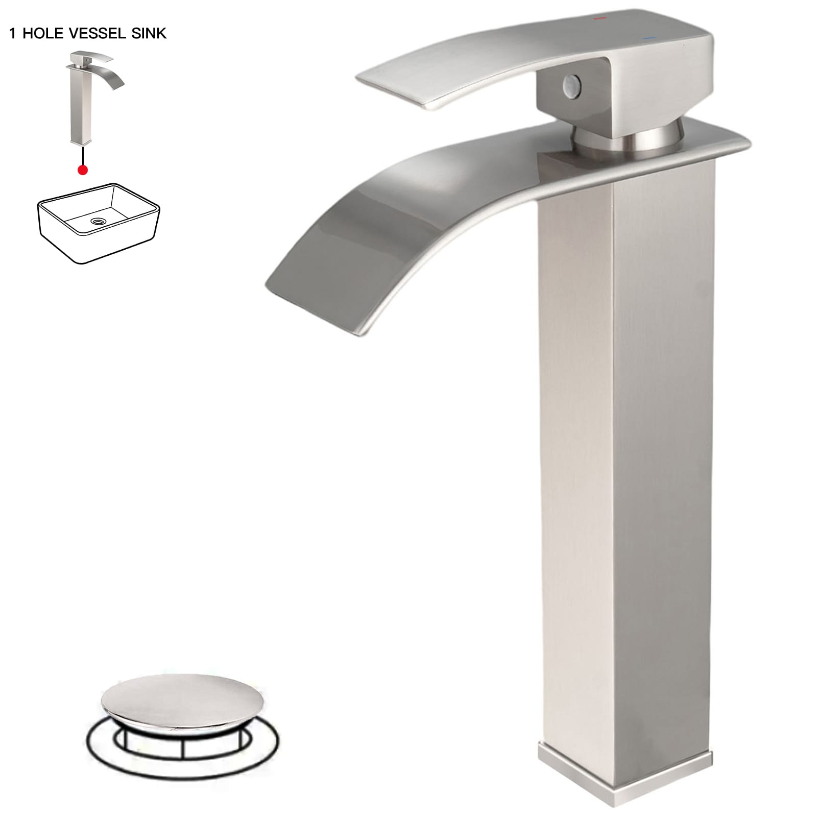 BWE B-93006-ORB Brushed Nickel Vessel 1-handle WaterSense Waterfall Commercial/Residential Handle Bathroom Sink Faucet with Drain