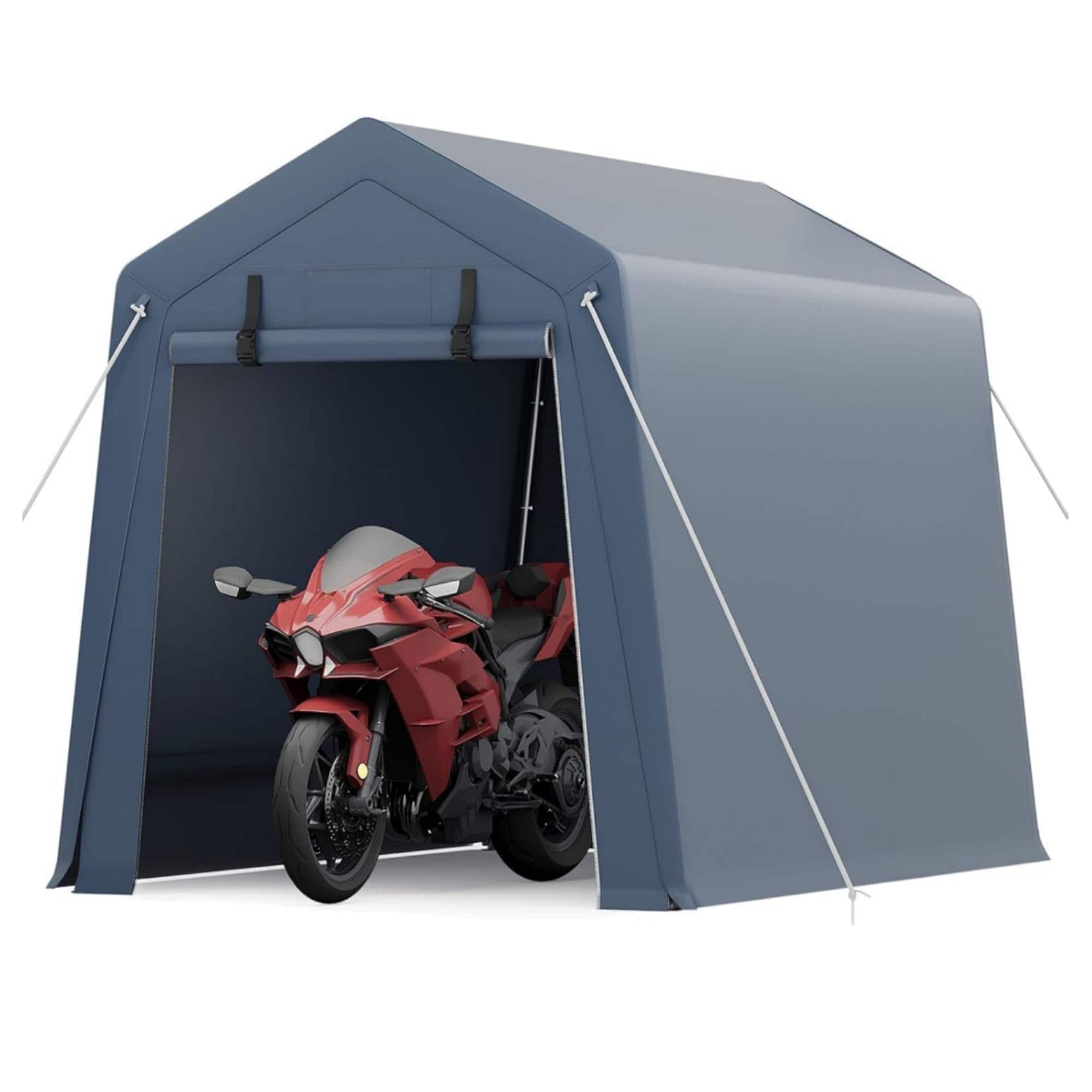 Qeetex LSHQQPPG-338CVHCJ 6x8 FT Outdoor Storage Shed Portable Carport with Roll-up Ventilated Zipper Door and Windows Gray