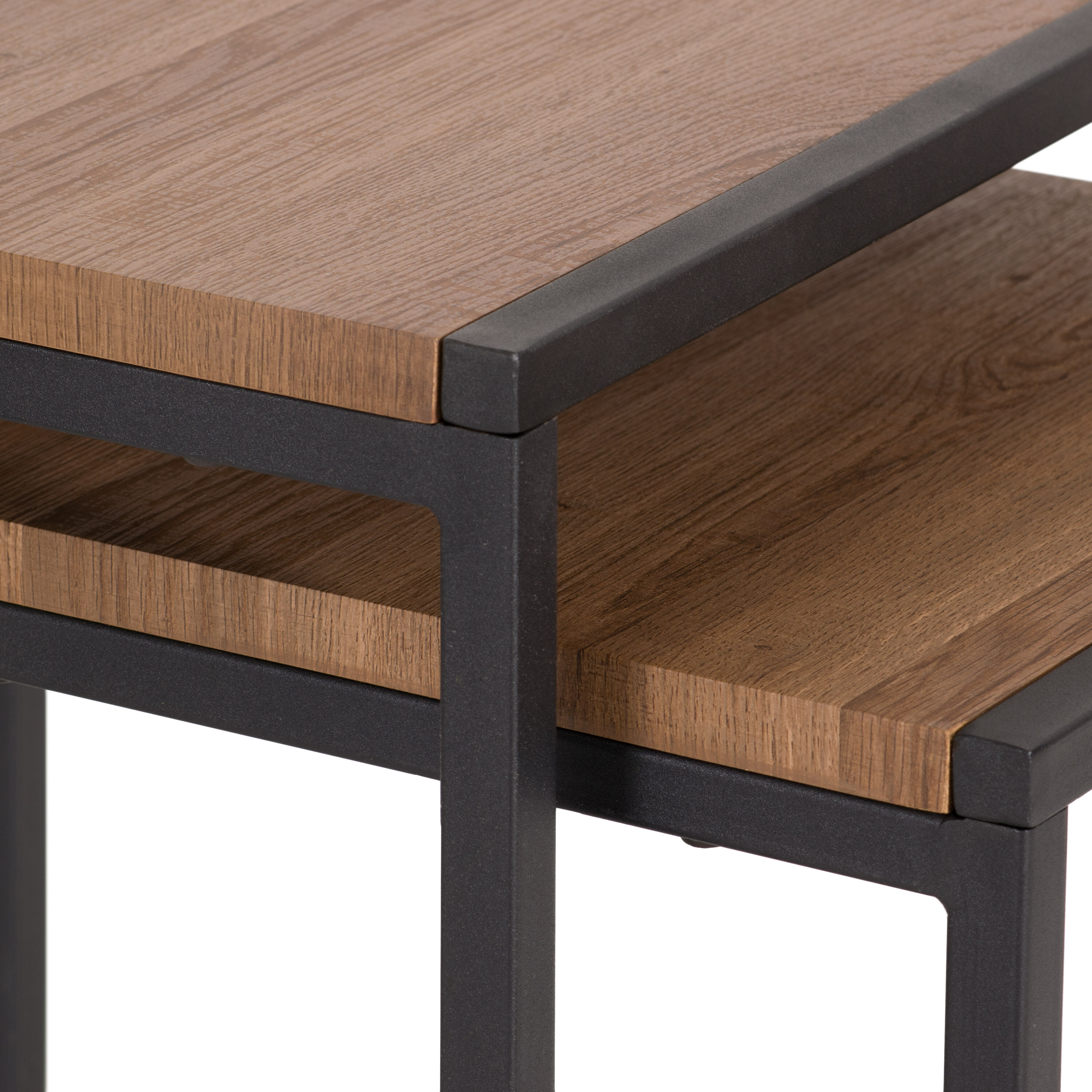 Set of 2 Brown Wood and Black Metal Square Nesting Side Tables