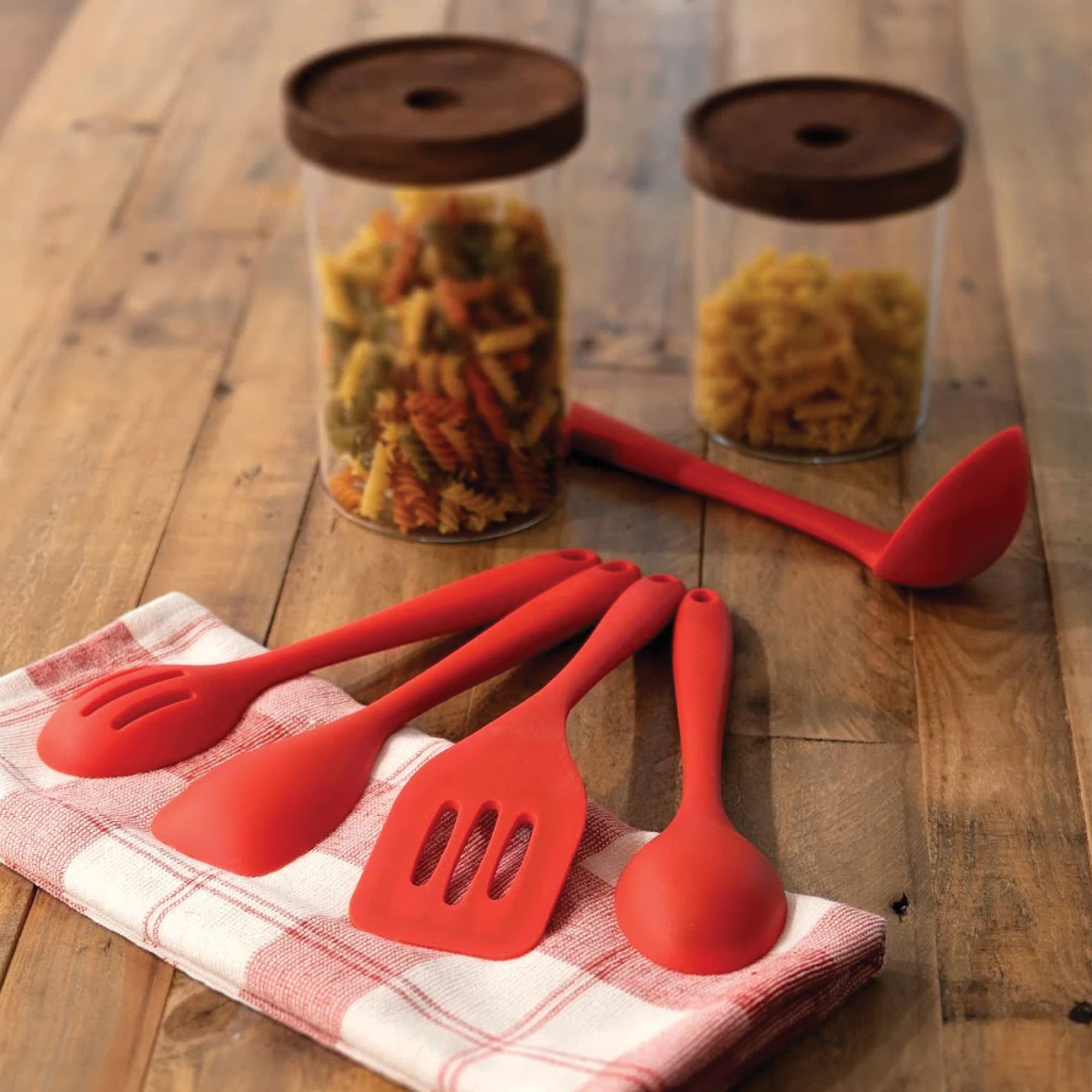 Silicone Kitchen Utensils Set with Holder - Heat Resistant Cooking Utensils Set for Nonstick Cookware,Wooden Handle Soup Spoon Kitchen Utensil Set 5pc