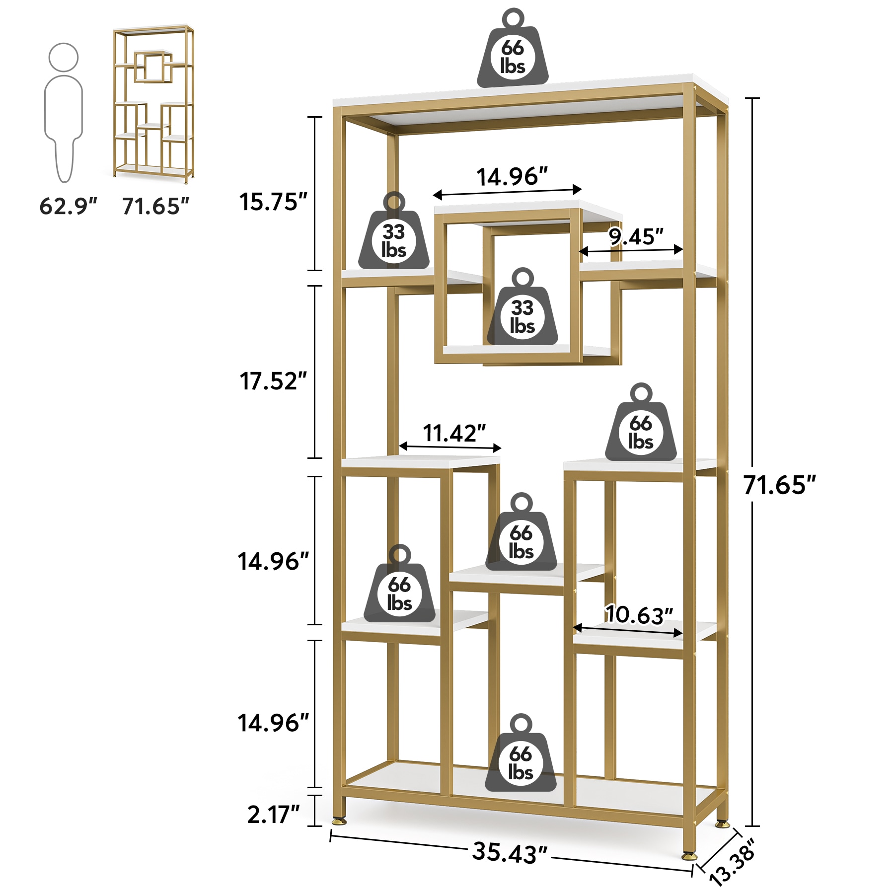 Tribesigns White and Gold Metal 11-Shelf Bookcase (35.43-in W x 71.65 ...