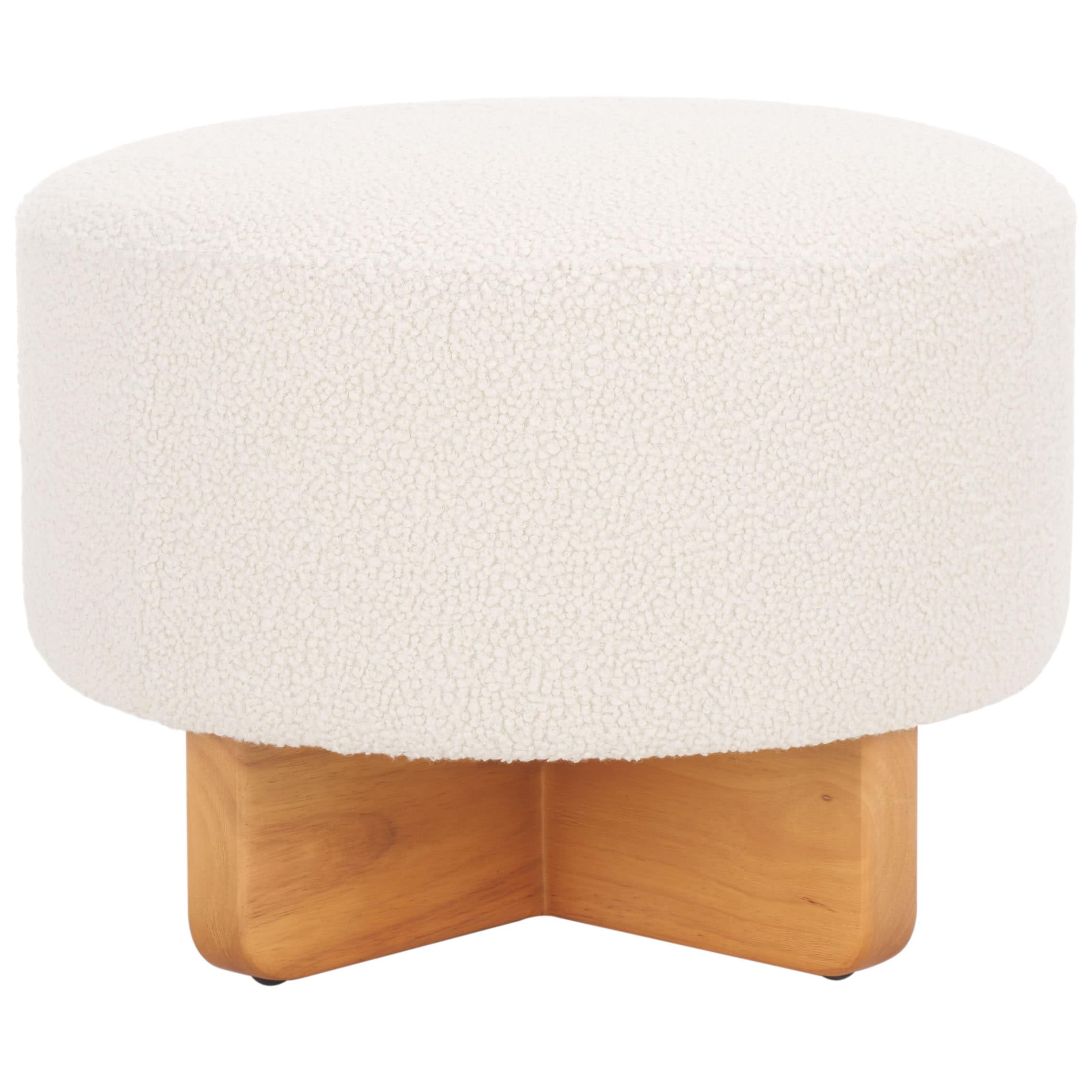 Riah Off White Boucle Round Ottoman with Natural Wood Base