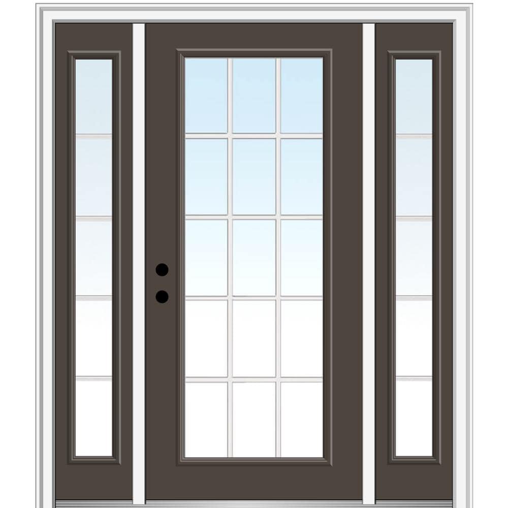 MMI DOOR ZZ05273R 60-in x 80-in x 4-9/16-in Fiberglass Full lite Right-hand inswing Brown Painted Prehung Front Door with Sidelights with Brickmould Insulating core with Grilles