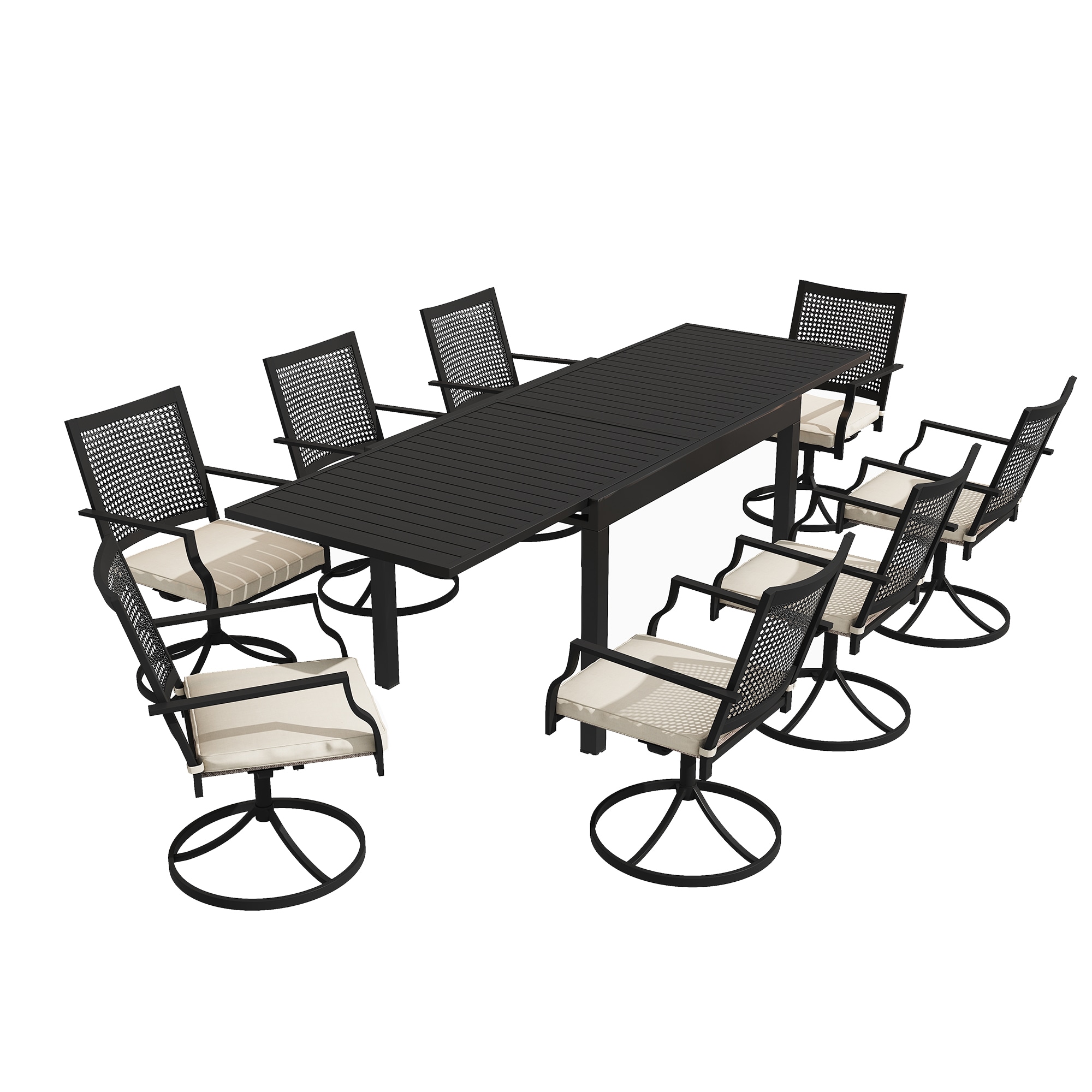 Clihome C3312T59A-CL 9 -Piece Black Patio Dining Set Extendable Table Aluminum 8 Cream Cushions Swivel Chairs