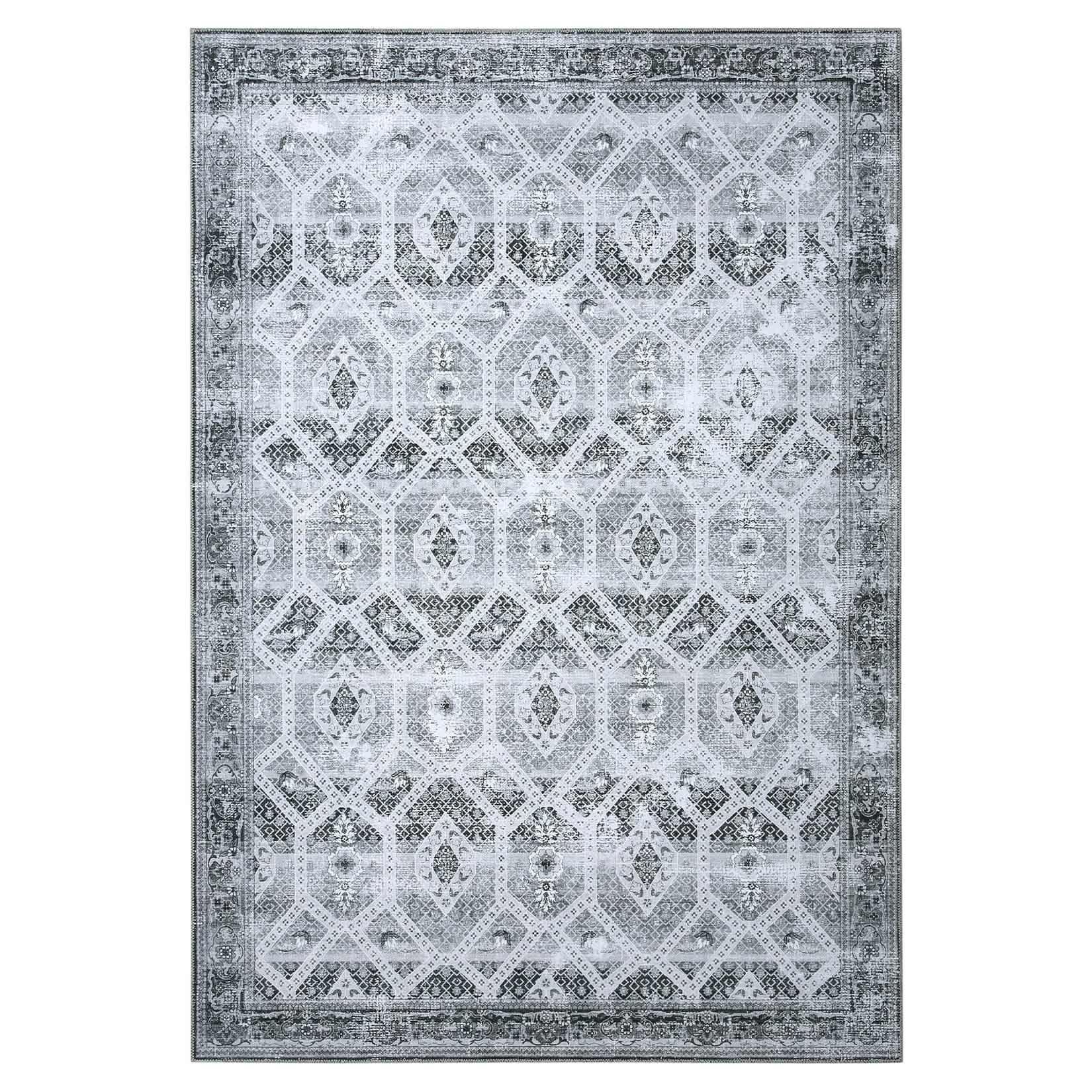 Qeetex LSN-PHO-0YFXZUCE 9 x 12 ft Polyester Gray Rectangular Hallway Bathroom Entryway Kitchen Office Foldable Flower Printed Persian Washable Area Rug
