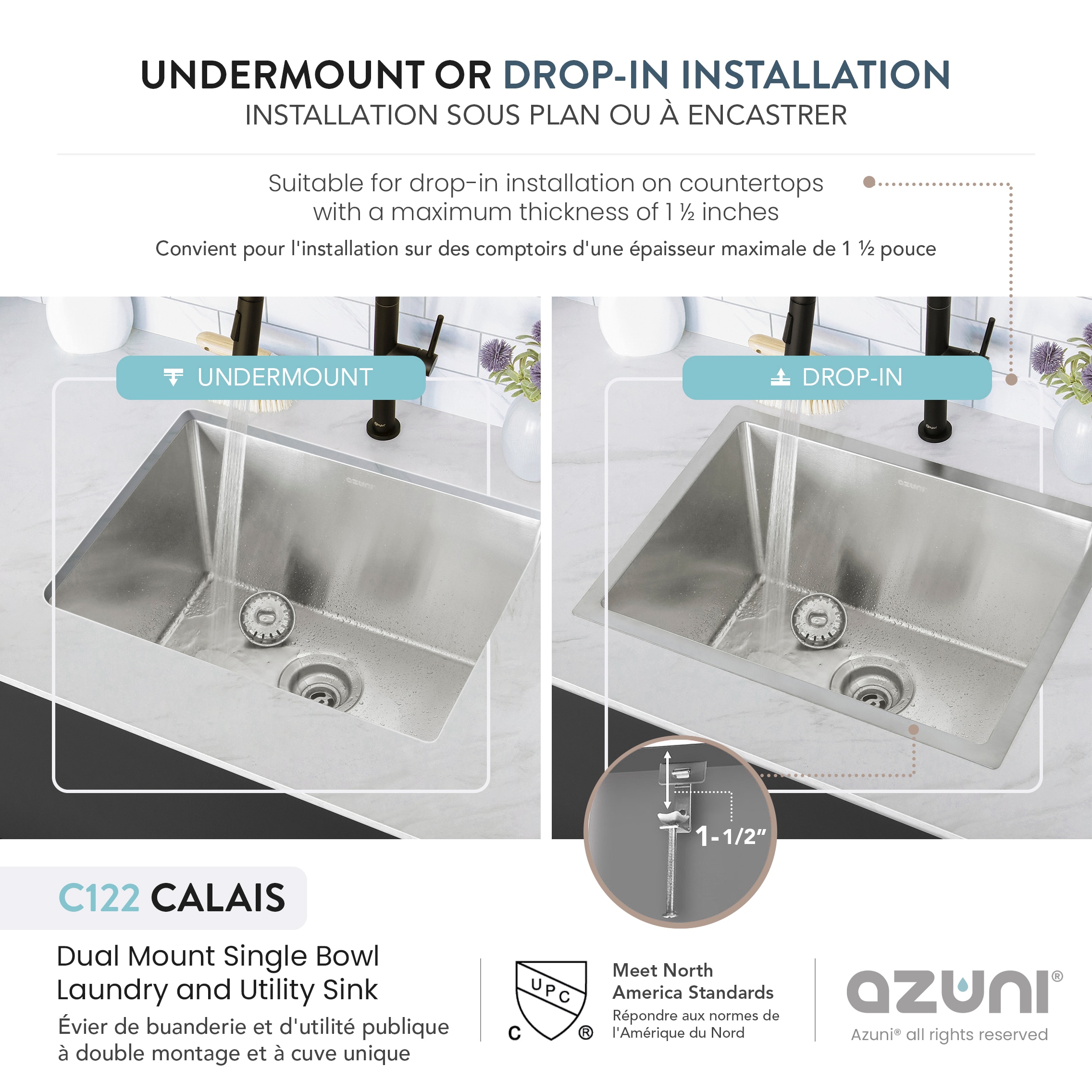 Azuni 22" Stainless Steel Single Bowl Laundry Sink with Dual Mount Installation