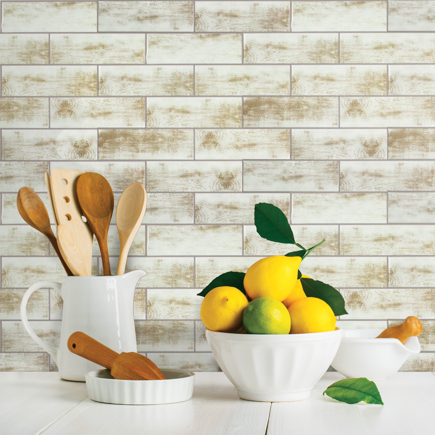 Distressed Wood White and Brown Peel and Stick Subway Tile