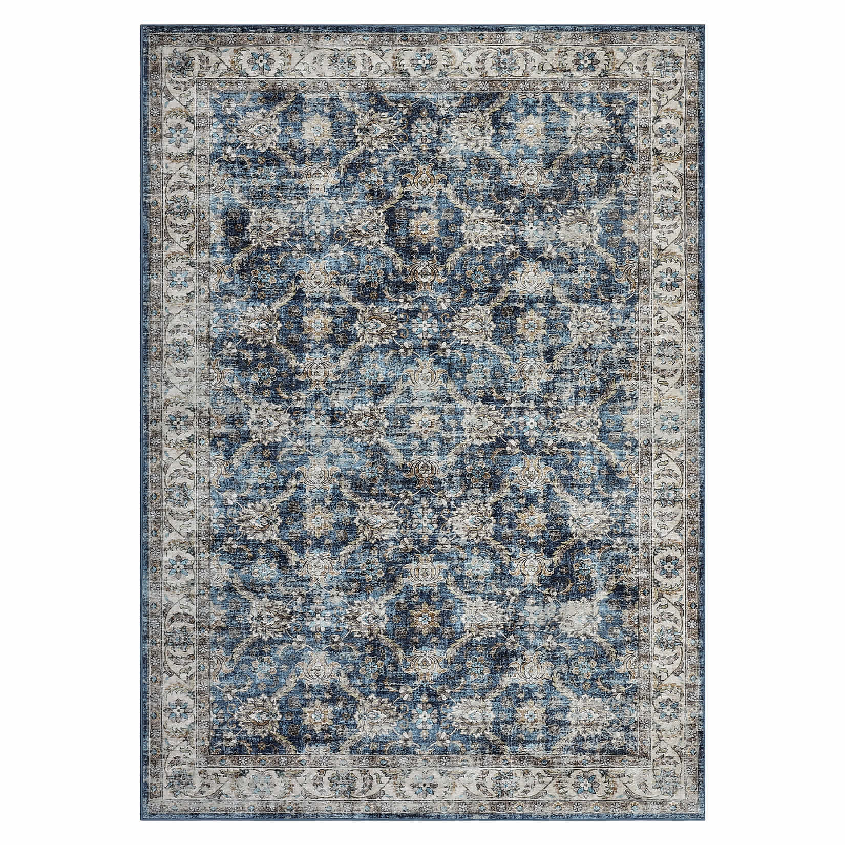 Qeetex LSN-PHO-34PVNTY3 5 x 7 ft Polyester Cashmere Imitation Blue Rectangular Hallway Bathroom Entryway Kitchen Office Foldable Flower Printed Persian Washable Area Rug