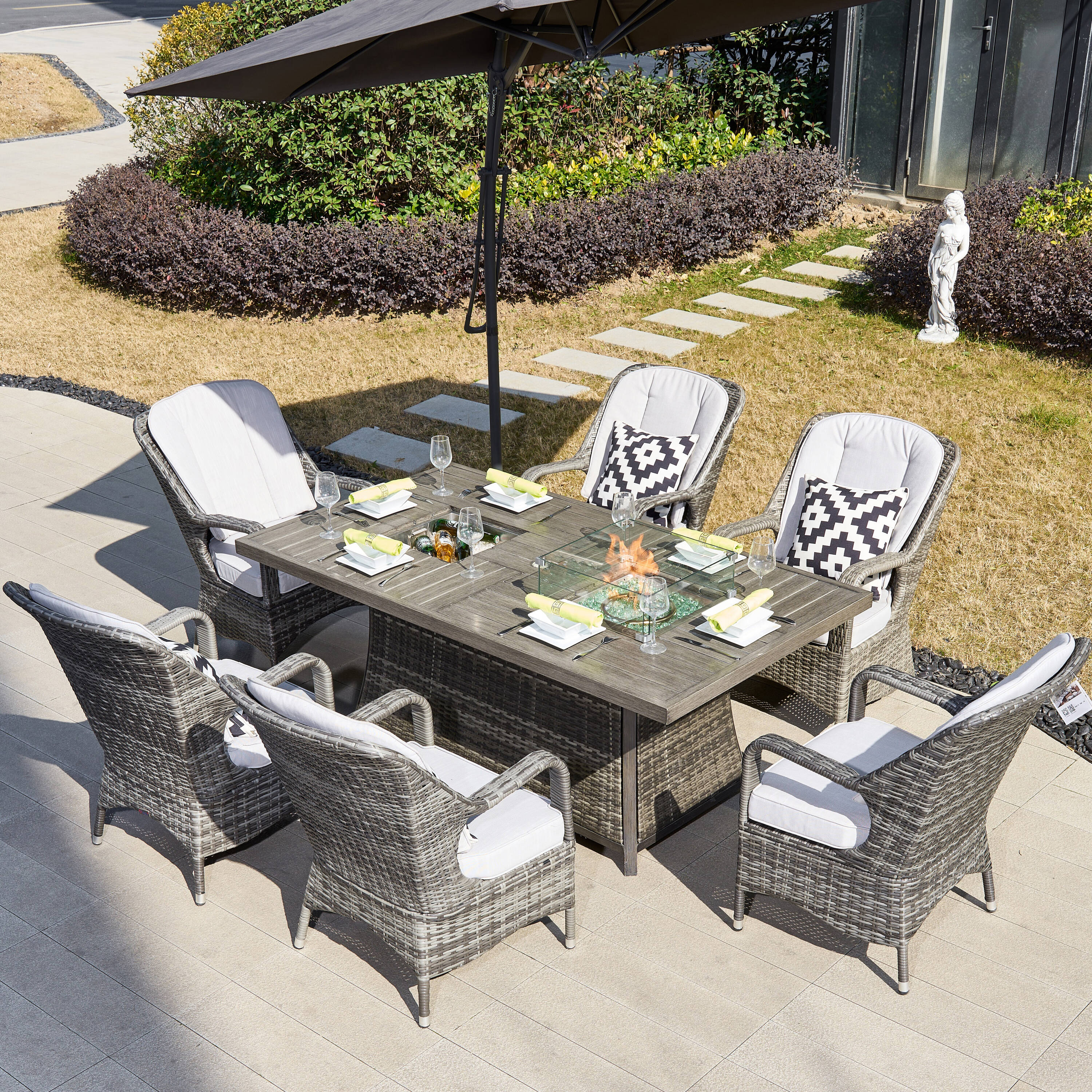 Moda Furnishings 1106FI-009-G 1106FI-009-GR 7 -Piece Gray Wicker Patio Dining Set Aluminum Rectangle Table with 6 Gray Cushions Stationary Chairs Fire Pit Included