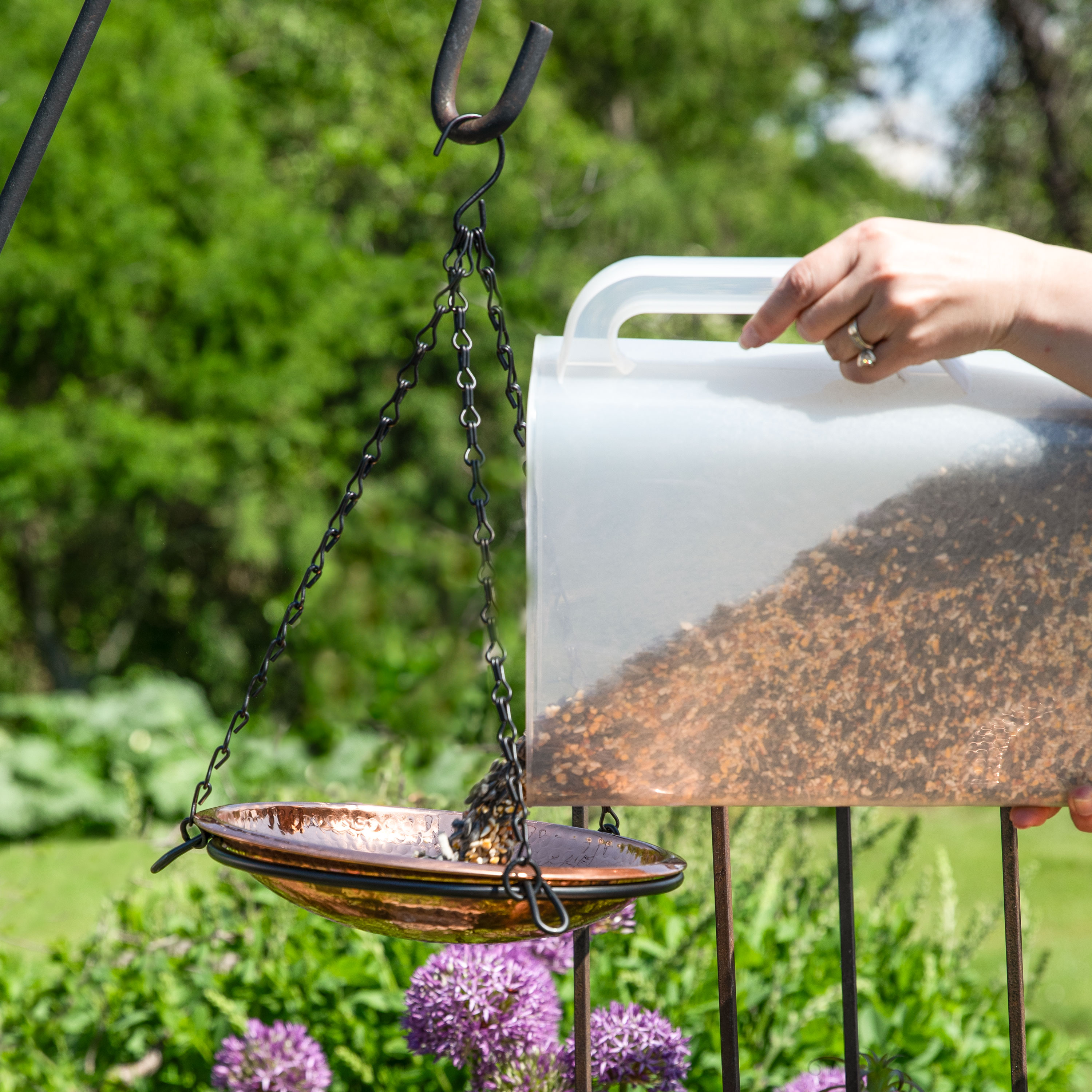 Hand-Hammered Copper Hanging Bird Bath Feeder with Iron Chains