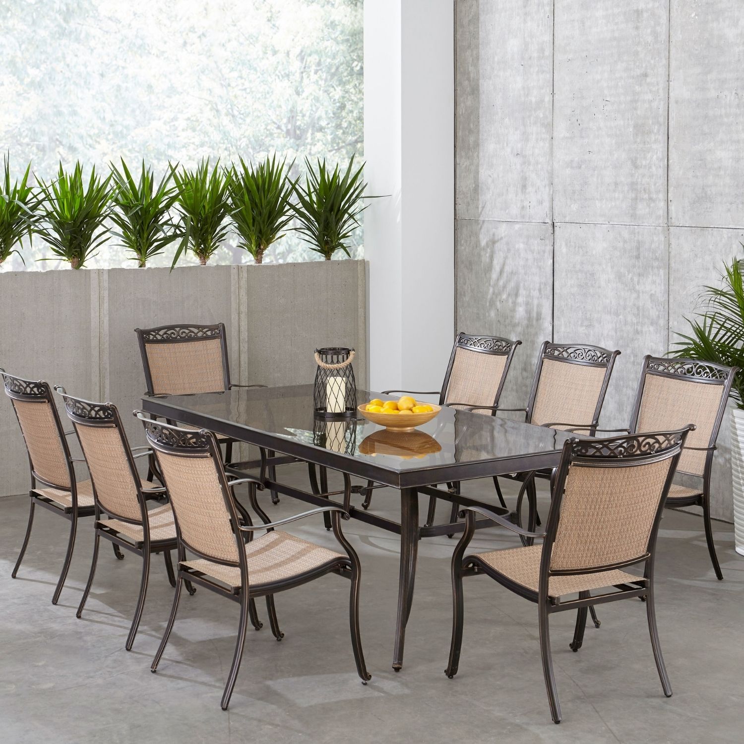 Hanover FNTDN9PCG Fontana 9 -Piece Bronze Patio Dining Set Aluminum Rectangle Table with 8 Tan Stationary Chairs