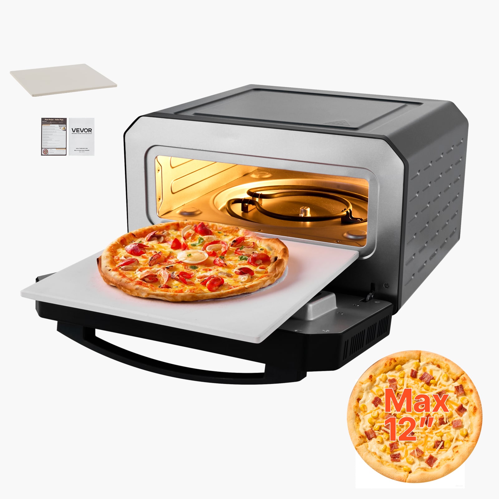 VEVOR TMSDPSLBS117OFNENV1 12-Inch Countertop Pizza Cooker Stainless steel Hearth Electric Indoor/Outdoor Pizza Oven