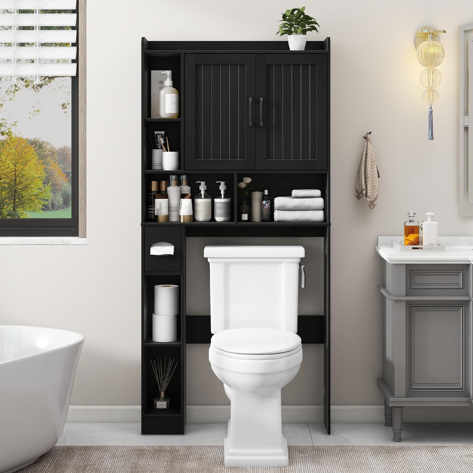 Vabches 30.1-in W x 67.8-in H x 7.7-in D Black 6-Shelf Over-the-Toilet Storage with 2 Hinged Doors