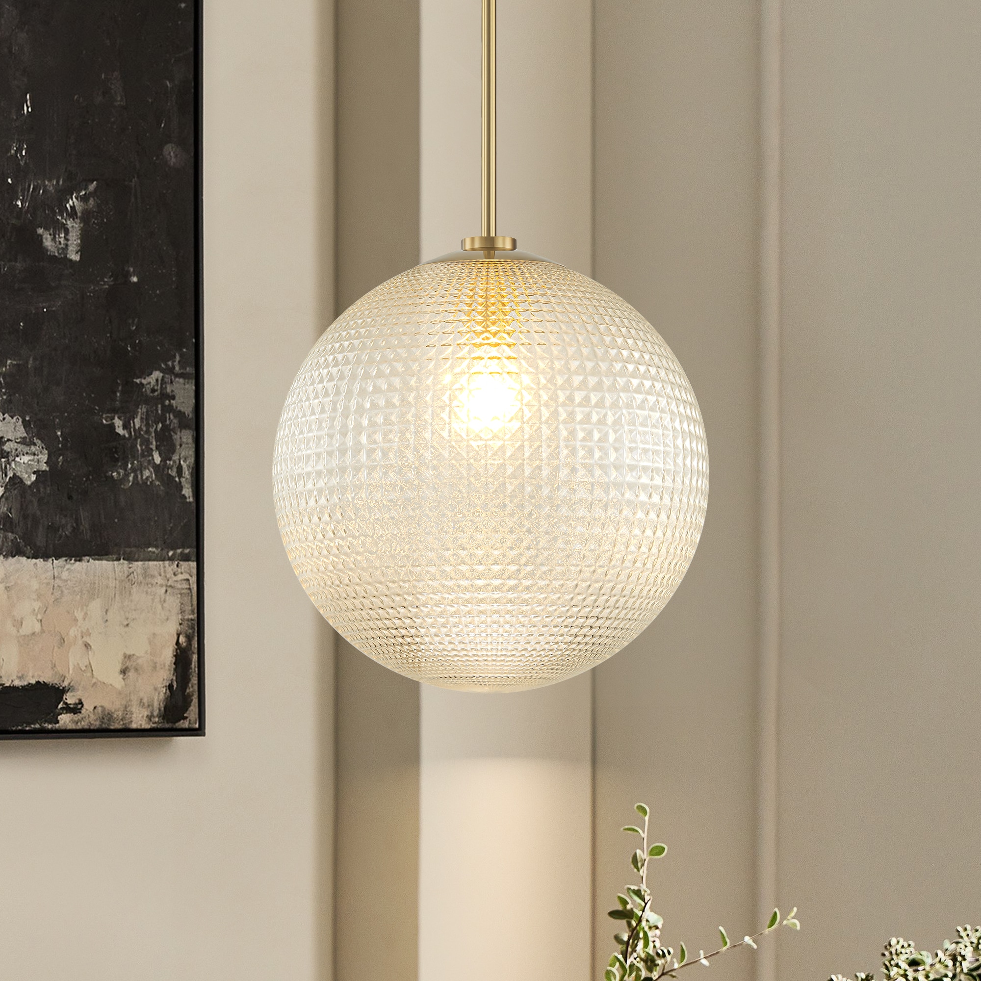 Rennnsan CL810149918 Carol 1 -Light Brushed Gold Glam Textured glass Globe Medium Hanging Pendant light