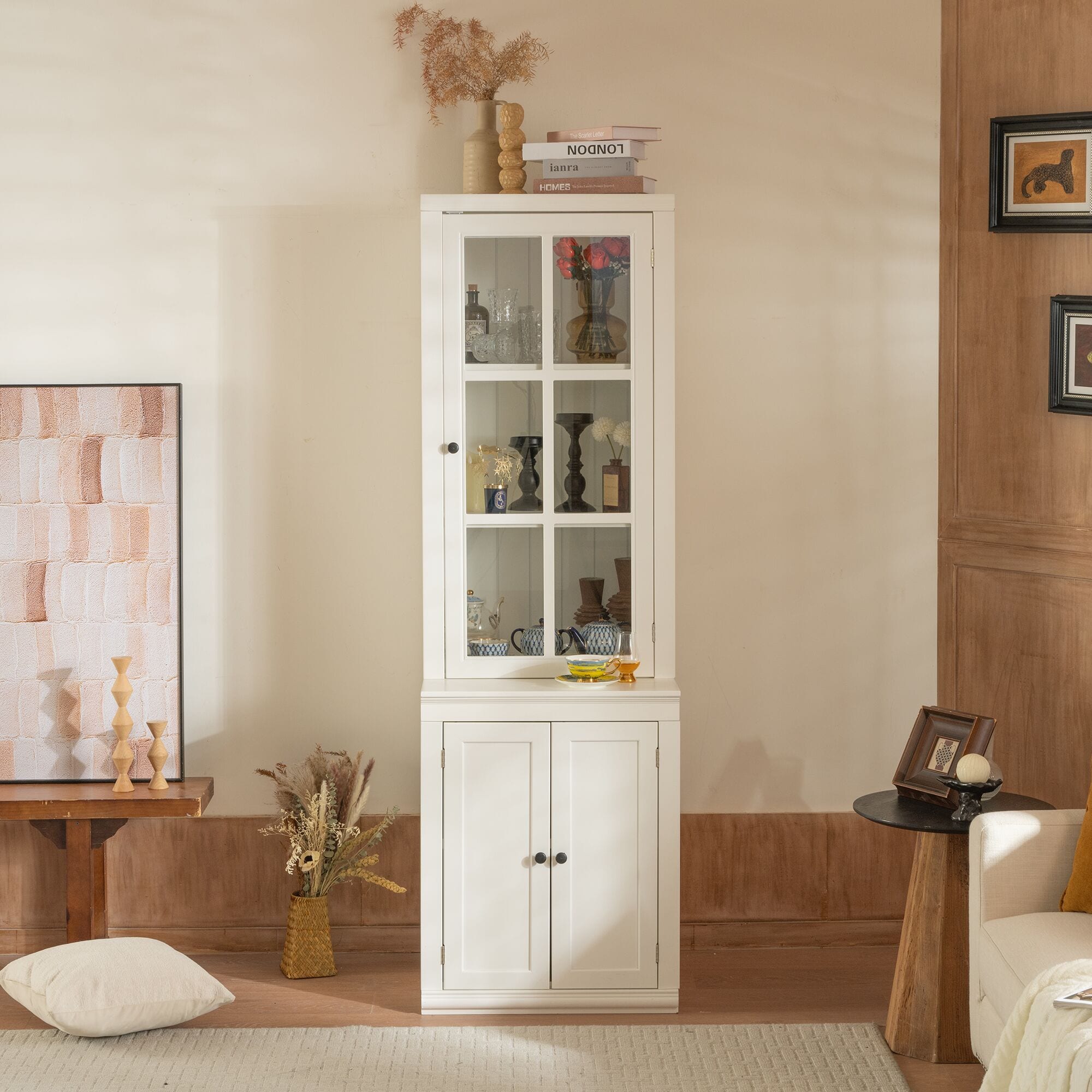 LOVMOR SF-H-N845P279958W Double Action Door Hutch Cabinet with Tempered Glass Retro Modern Design and Ample Storage