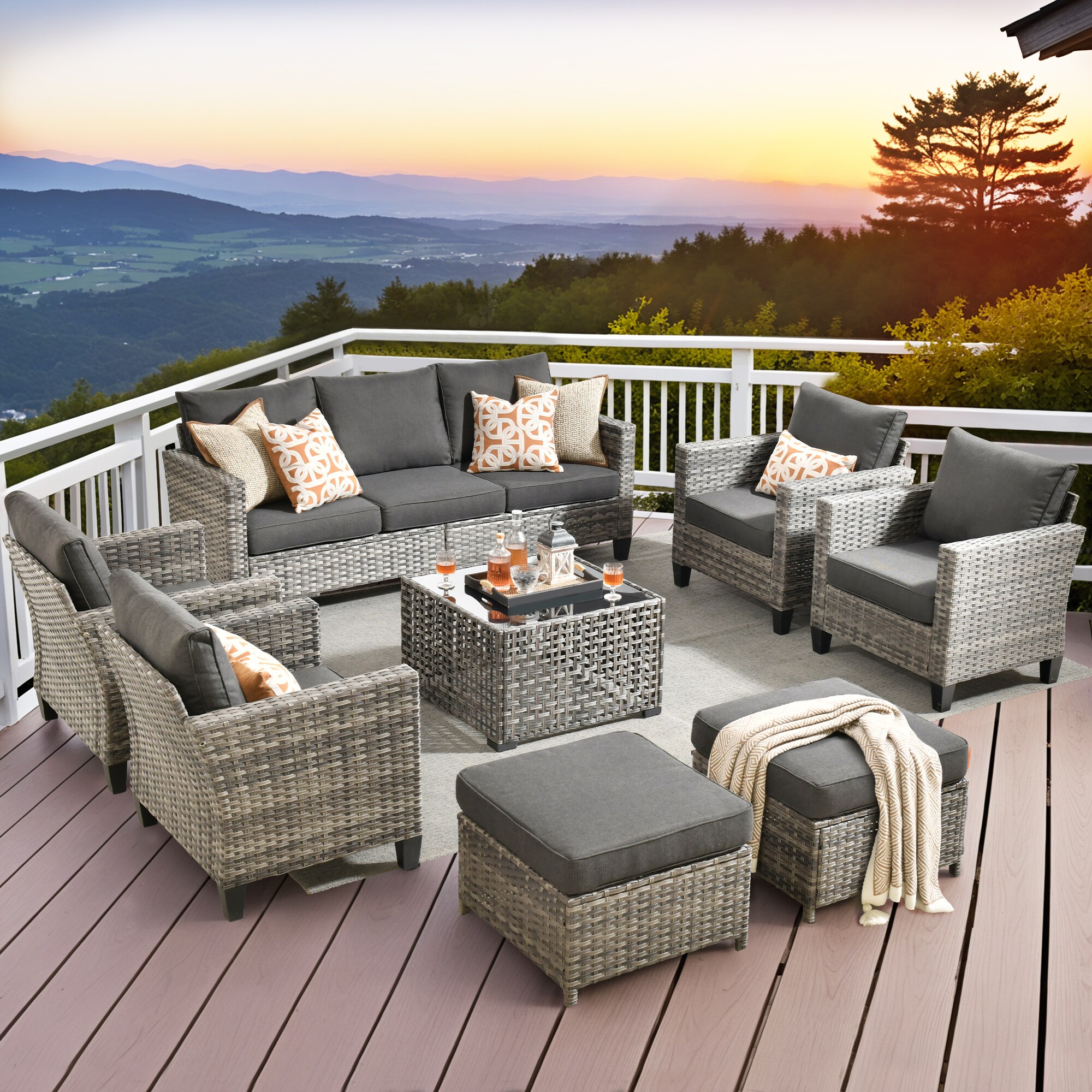 Pouuin SNGRS108 8 -Piece Wicker Patio Sofa Conversation Set with Black Cushions
