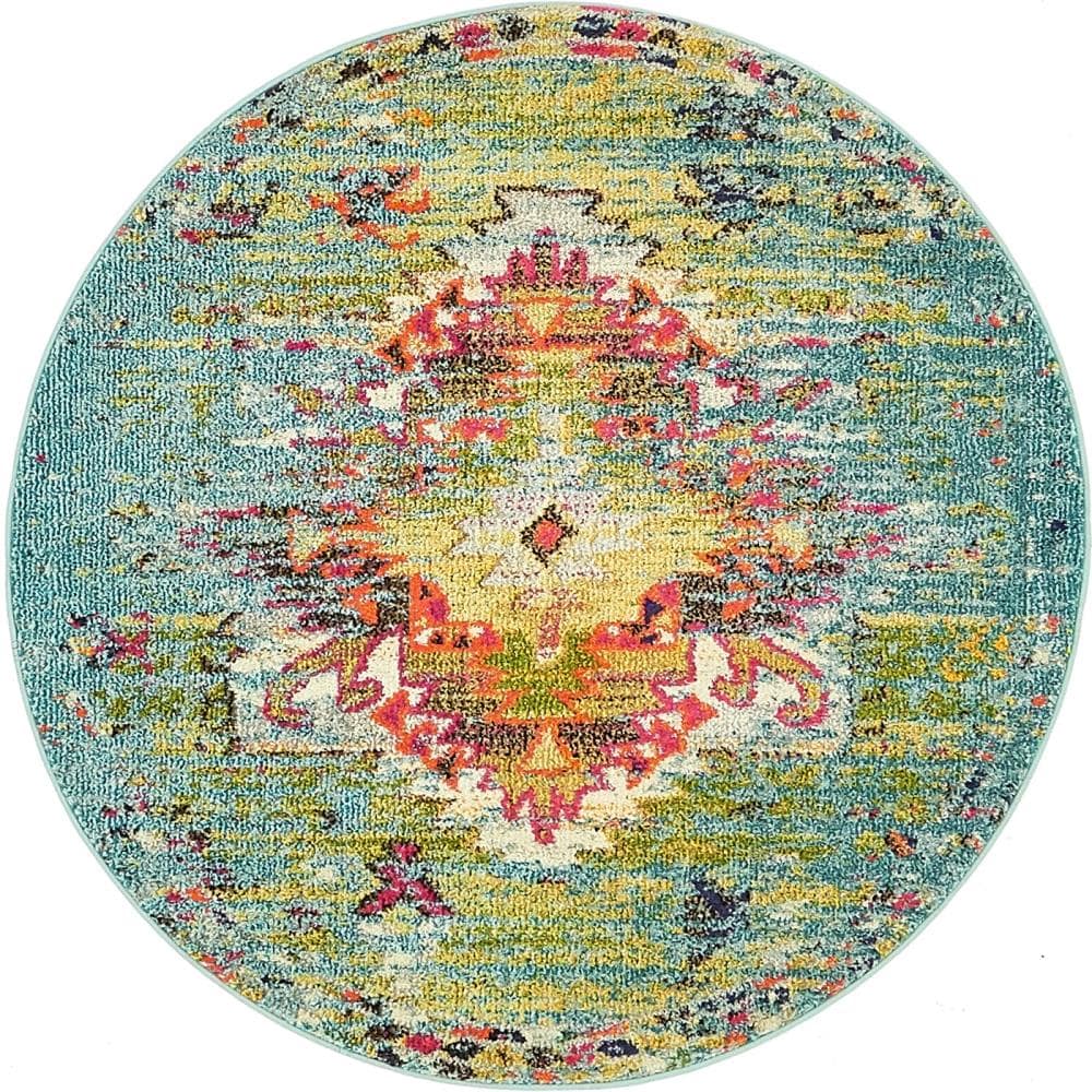Unique Loom 3140095 Chagall Vita 4 x 4 (ft) Loomed Polypropylene Turquoise/Yellow Round Indoor Medallion Southwestern Area rug