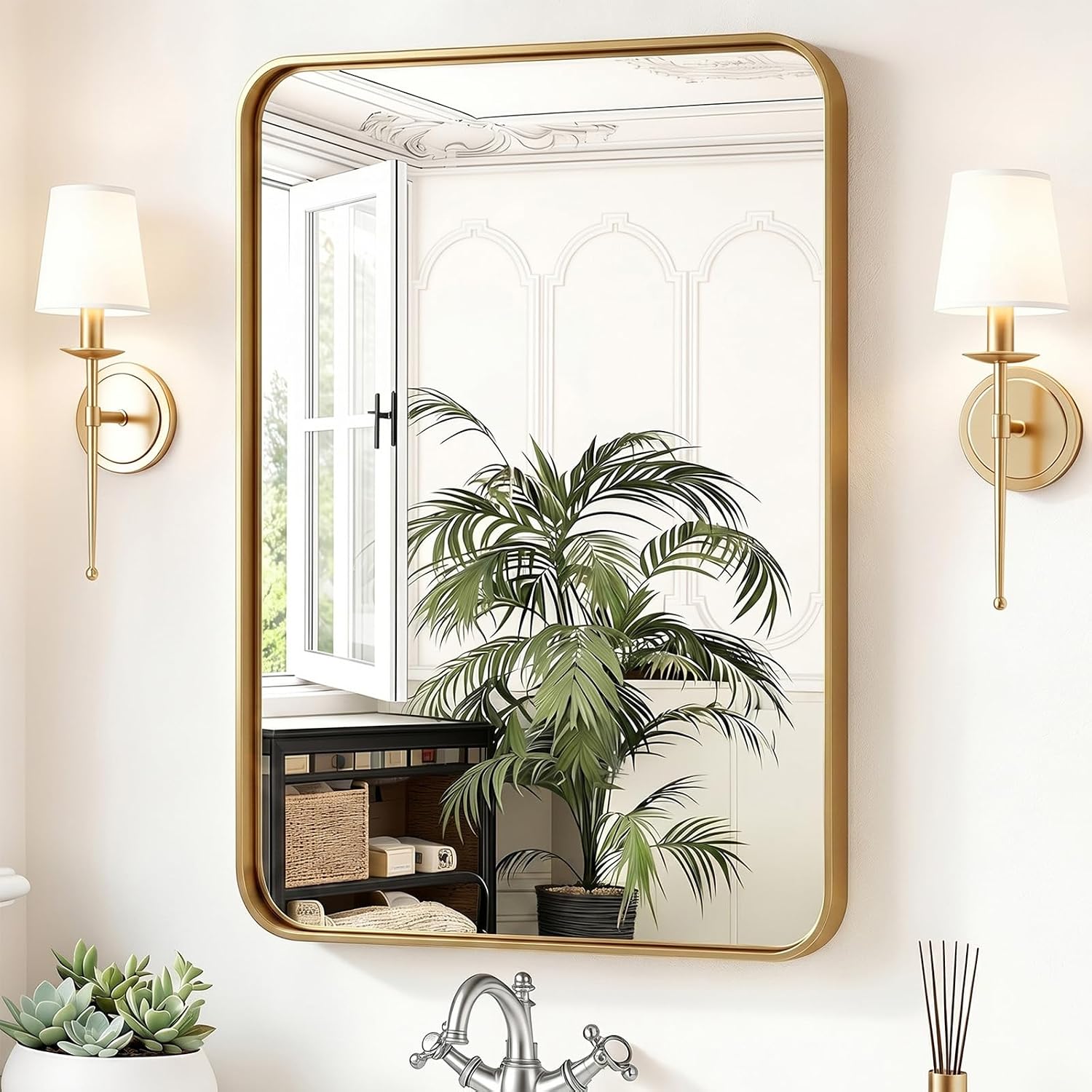 Fredees 36x24 Inch Rounded Rectangle Wall Mirror Matte Gold Metal Frame Vanity Mirror for Bathroom Bedroom and Living Room Horizontal or Vertical Mount