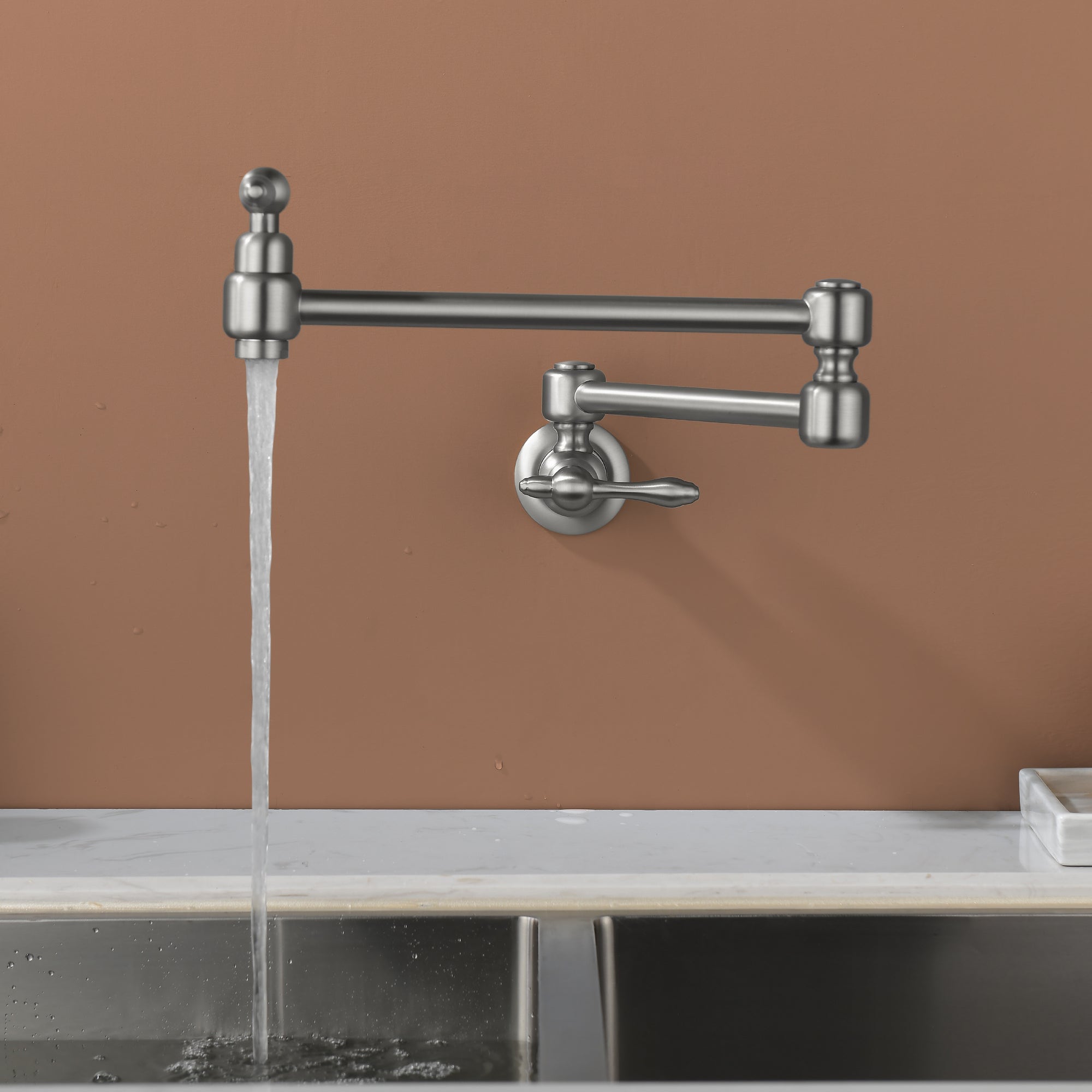 Boyel Living - Brushed Nickel Wall Mounted Double Handle Pot Filler 1.8 GPM with Ceramic Cartridg...