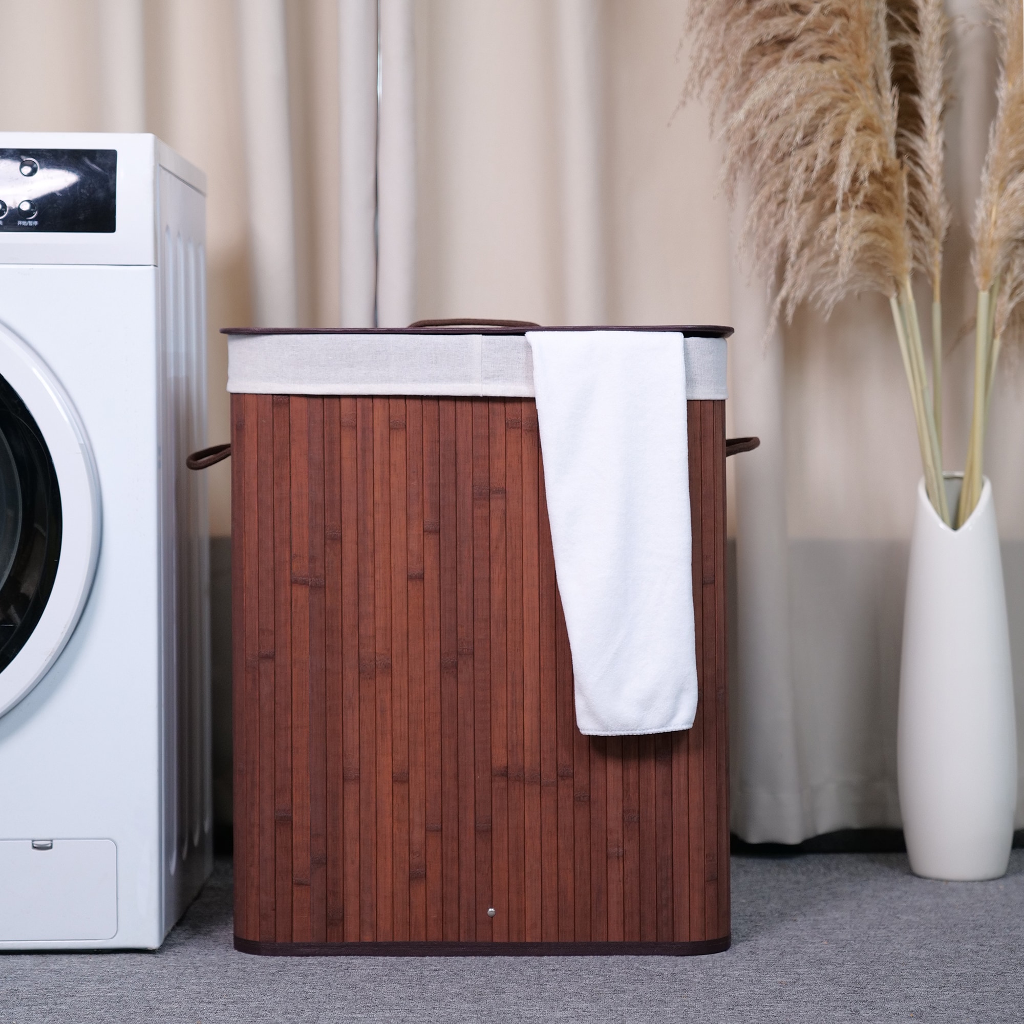 IdealHouse 106L Foldable Bamboo Laundry Basket/ Laundry Hamper with Lid and Handles/ Removable 4-Compartment Liner/ Portable Storage Bin for Bedroom Laundry Room - Brown #BZB-D4O12