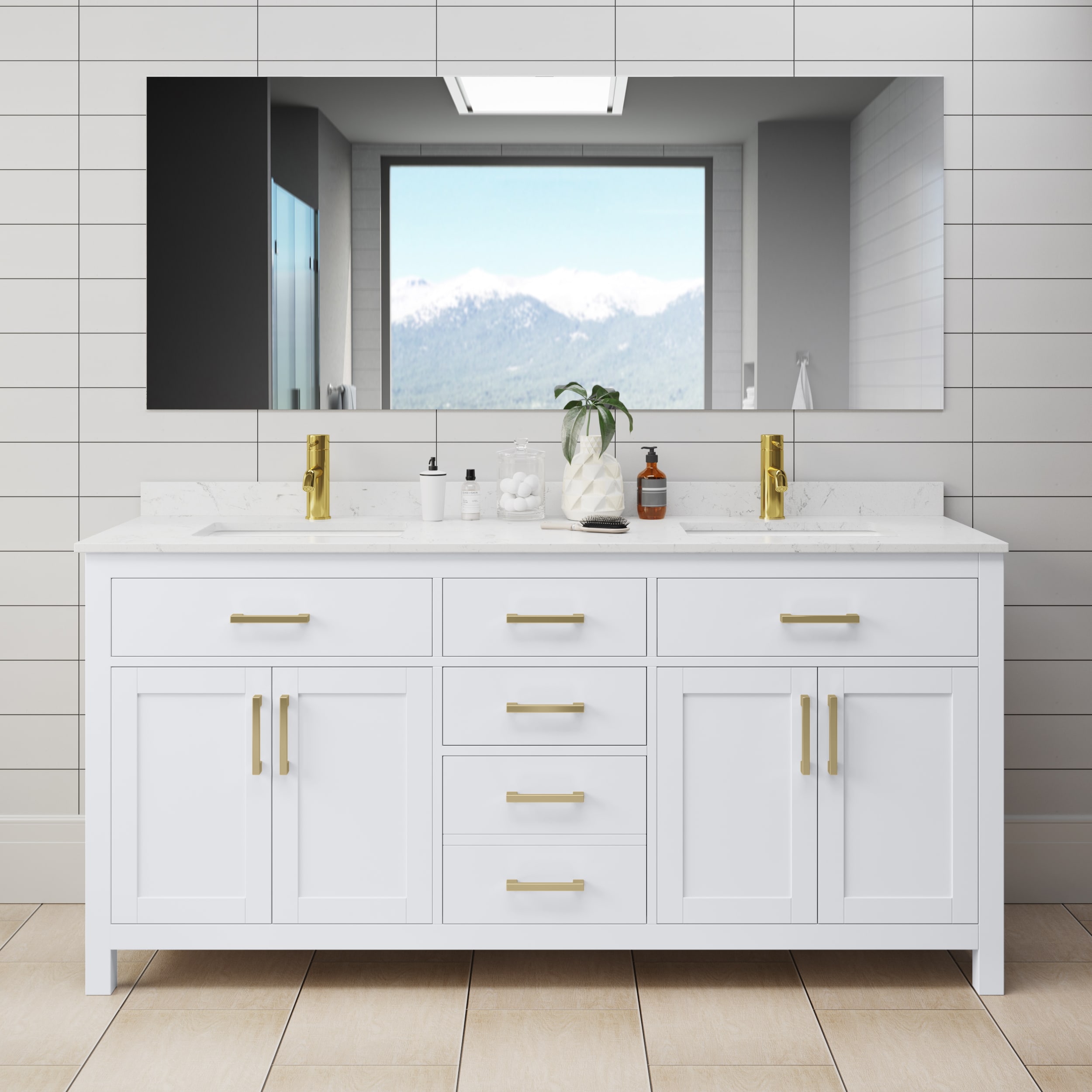 Wyndham Collection WCG242472DWGCCUNSMXX Beckett 72-in White with Brushed Gold Trim Undermount Double sink Bathroom Vanity with Carrara Cultured Marble Cultured marble Top