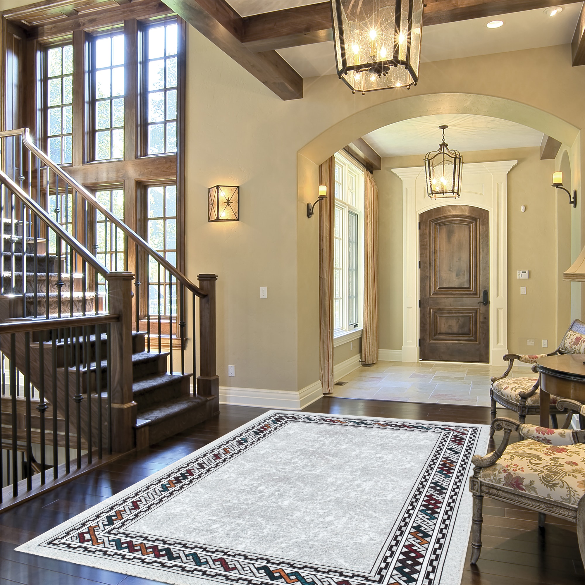 Ottomanson EFF6202-5X7 Effect 5 x 7 (ft) Flatweave Cotton Light Gray/Multicolor Border Rectangular Indoor Border Machine washable Area rug