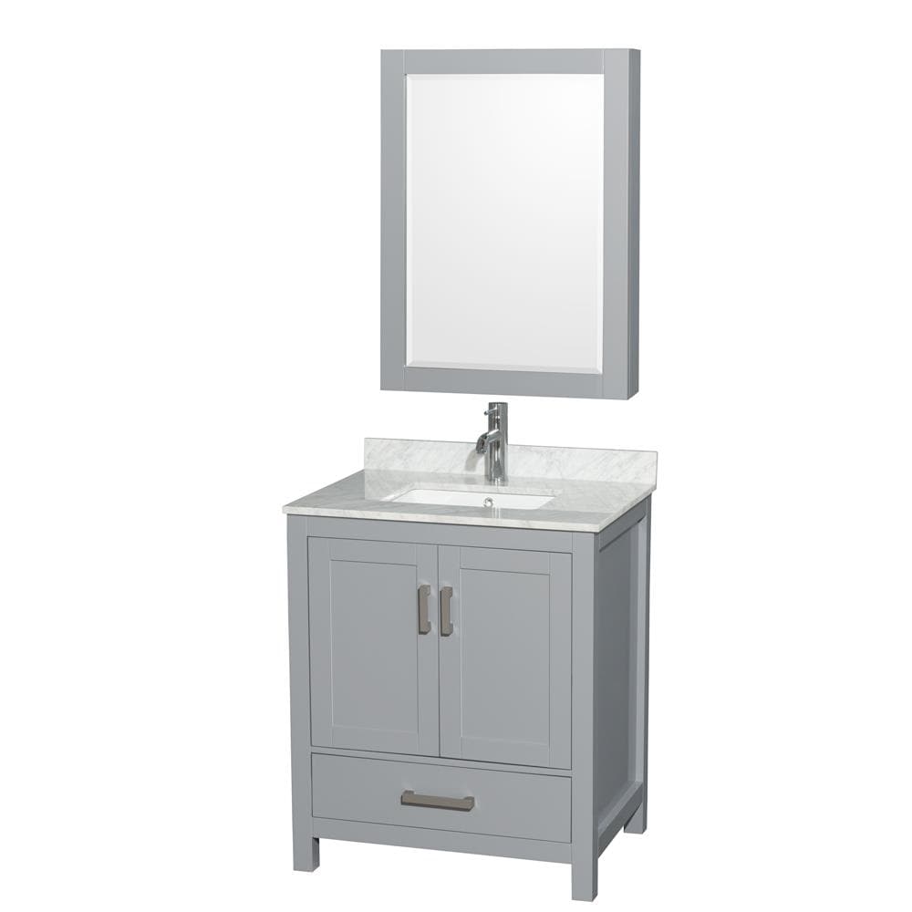 Wyndham Collection WCS141430SGYCMUNSMED Sheffield 30-in Gray with Brushed Chrome Trim Undermount Single sink Bathroom Vanity with White Carrara Marble Natural marble Top (Mirror Included)