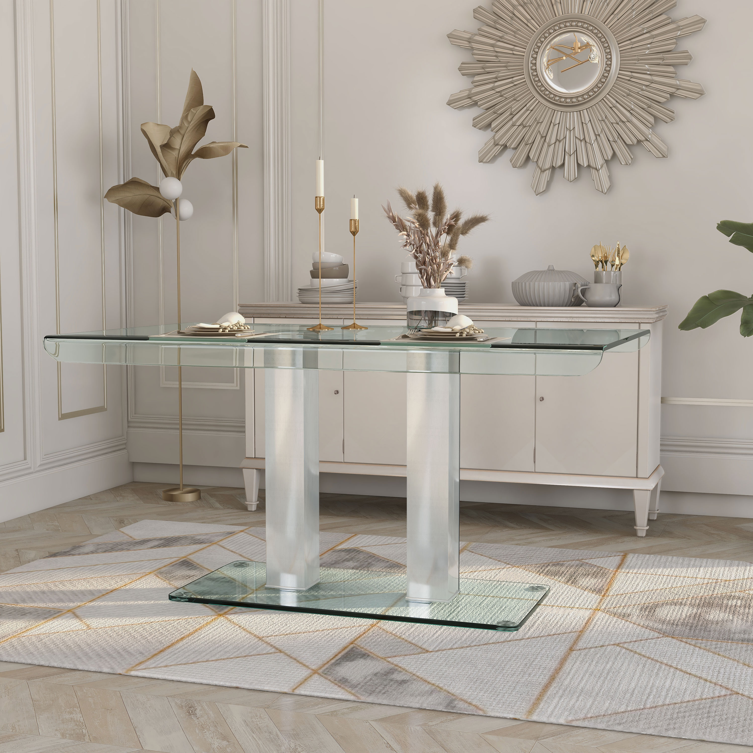 Furniture of America IDF-3362T Club Point Silver Contemporary/Modern Dining Table, Tempered Glass with Silver Metal 35.63-in L x 30-in H