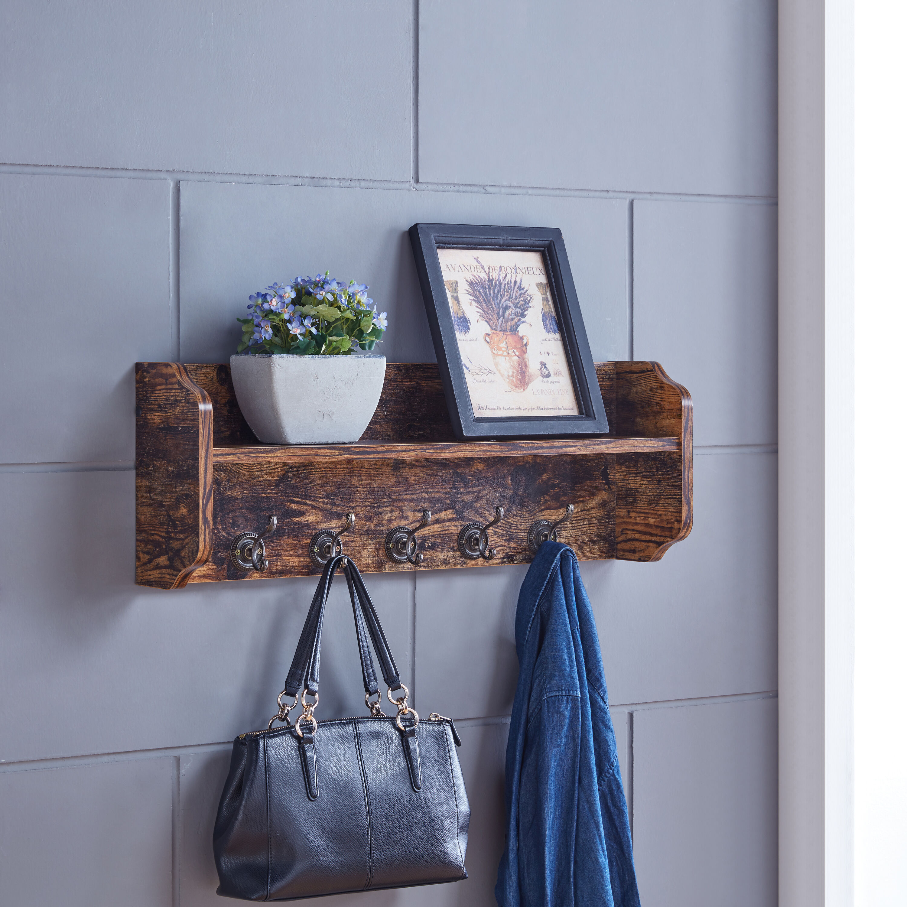 Danya B. Utility Wall Shelf with Hooks - Aged Wood