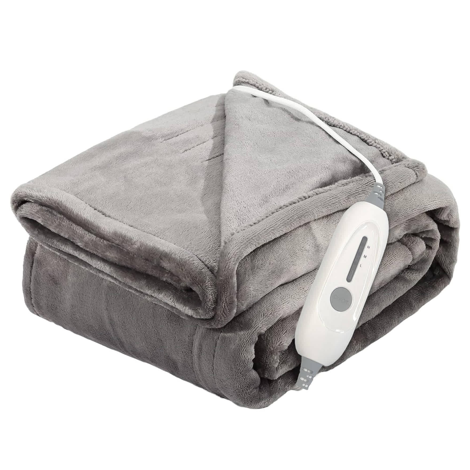 Etokfoks 50 x 60 Inch Heated Flannel Blanket 1 Piece Three Heat Levels Fast Heating Auto Shut Off Machine Washable ETL FCC Certified Grey #LET1204E29