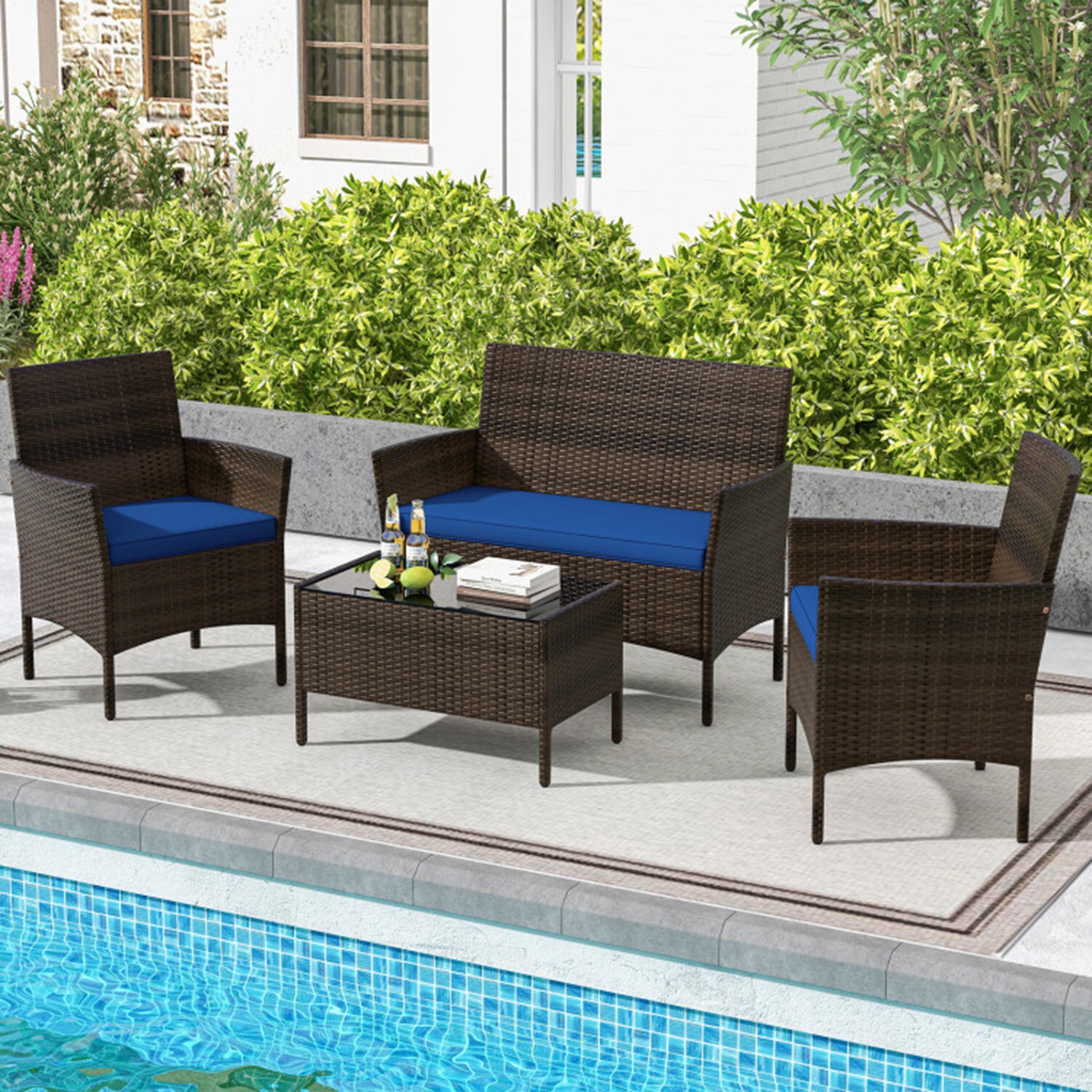 Mondawe 0481-HY 4 -Piece Rattan Patio Conversation Set with Blue Cushions