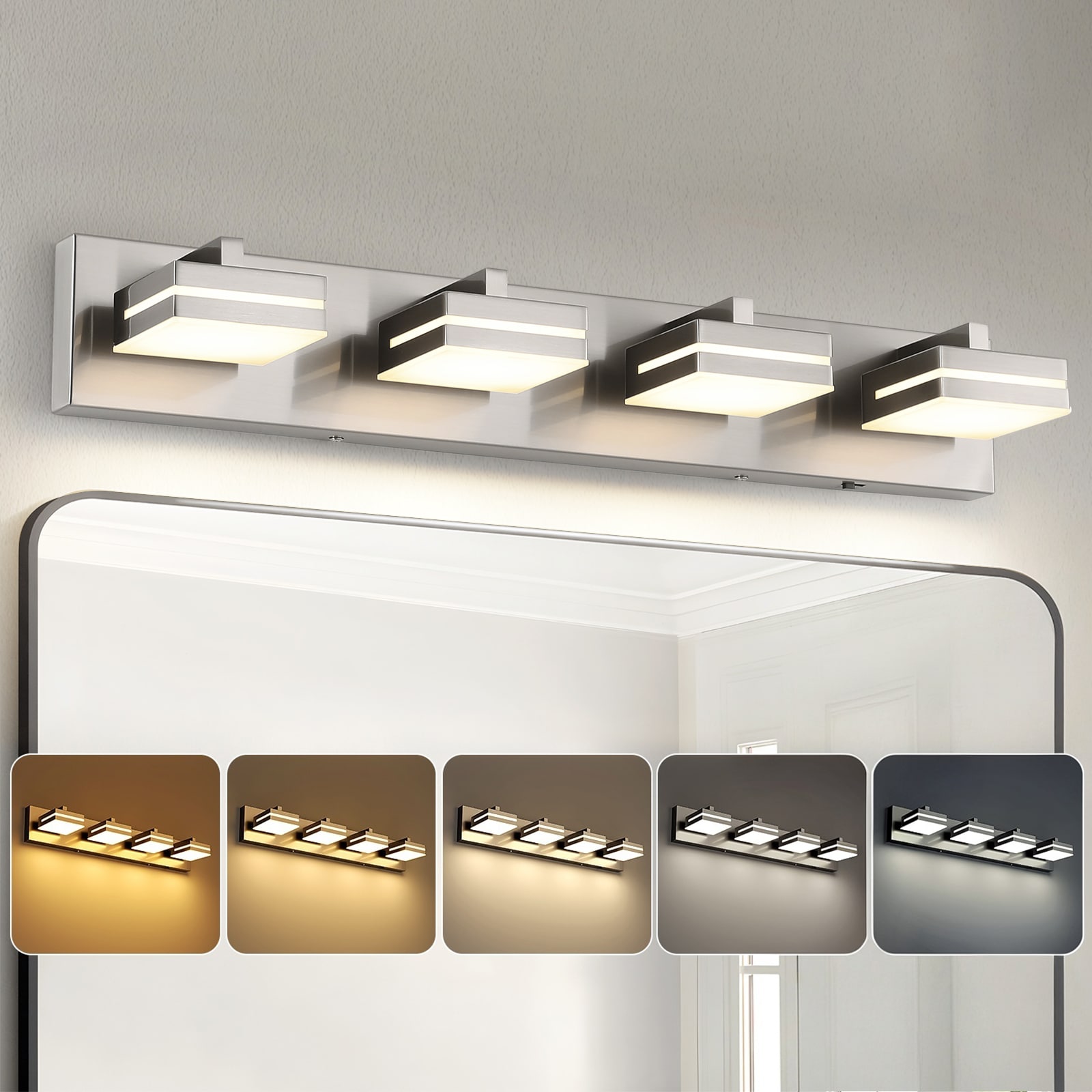 GIBUOD Modern Elegant 26.8 in. 4-Light LED Vanity Light Brushed Nickel Finish with 5CCT Selectable Dimmable Vanity Mirror Lighting Fixture