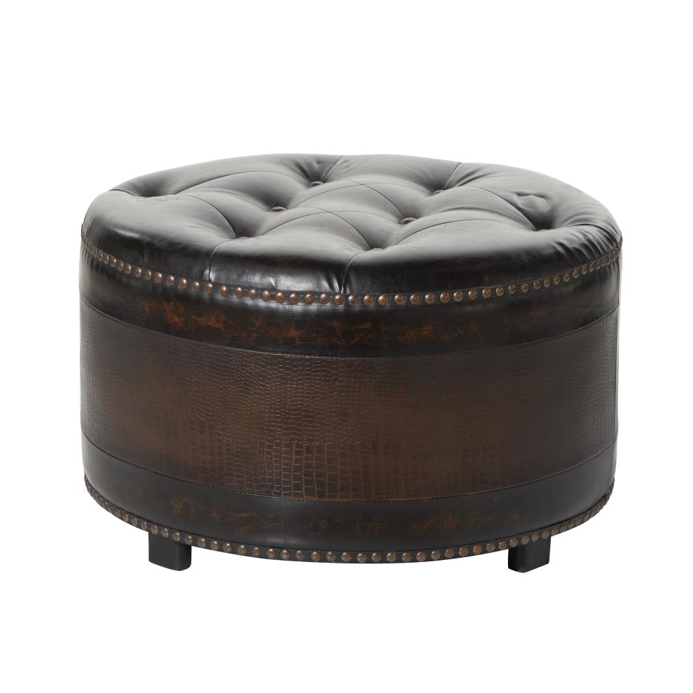 Grayson Lane Old World/Vintage Brown Faux Leather Round Ottoman in the ...