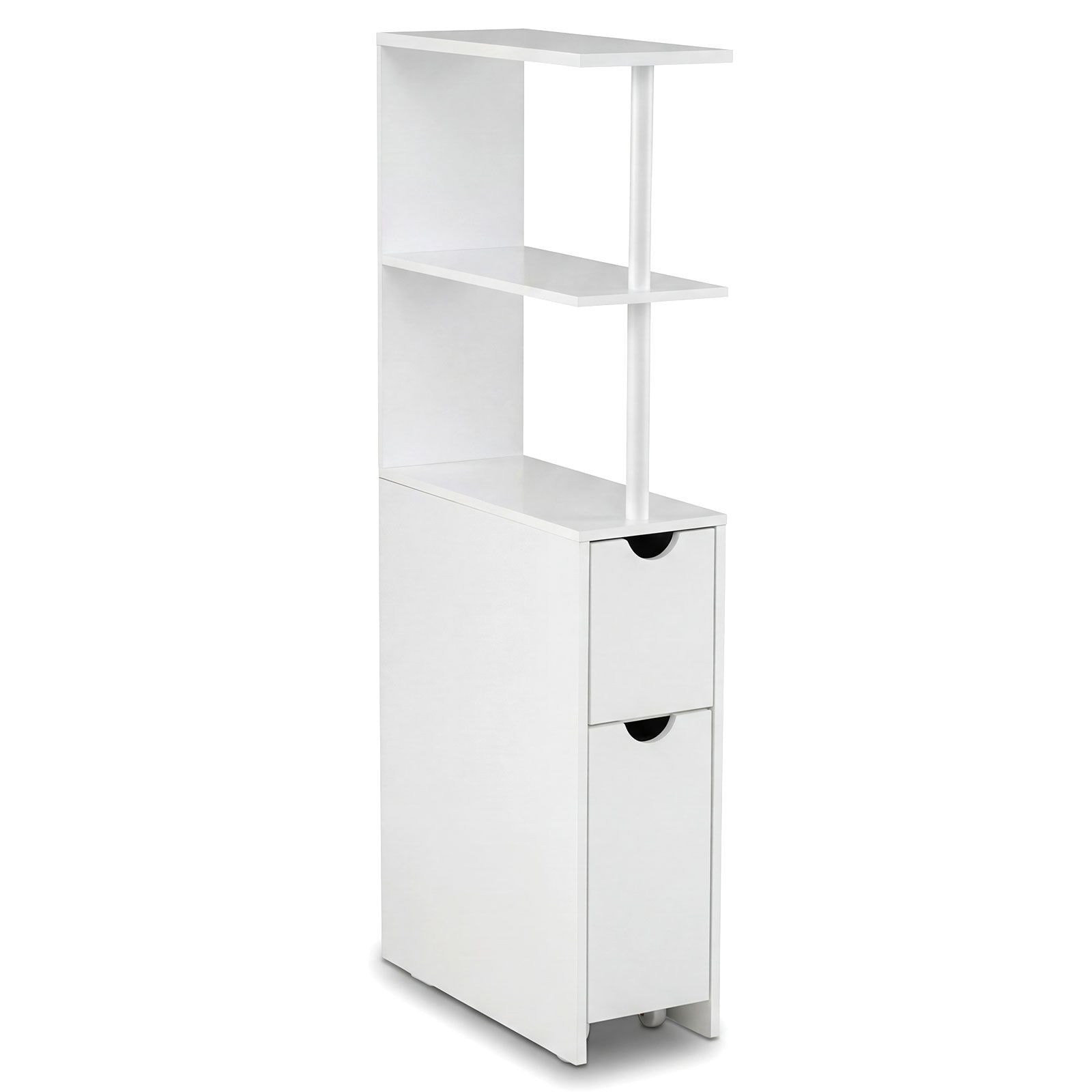 Slickblue Freestanding Slim White Wooden Storage Cabinet with Open Shelves Slide Out Cart and Drawer for Bathroom or Laundry Room