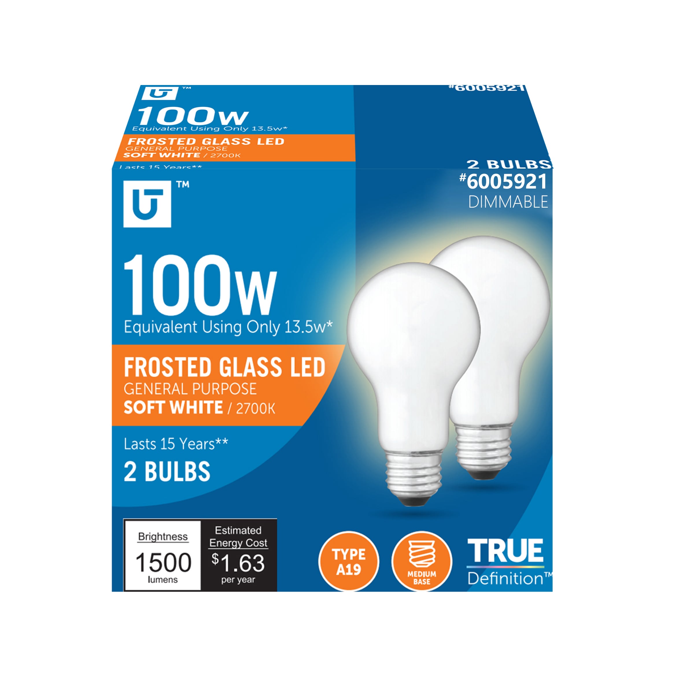 Utilitech YGA16C10-13.5W-927 100 -Watt EQ A19 Soft white Screw bases Dimmable LED General purpose Light Bulb 2 -Pack
