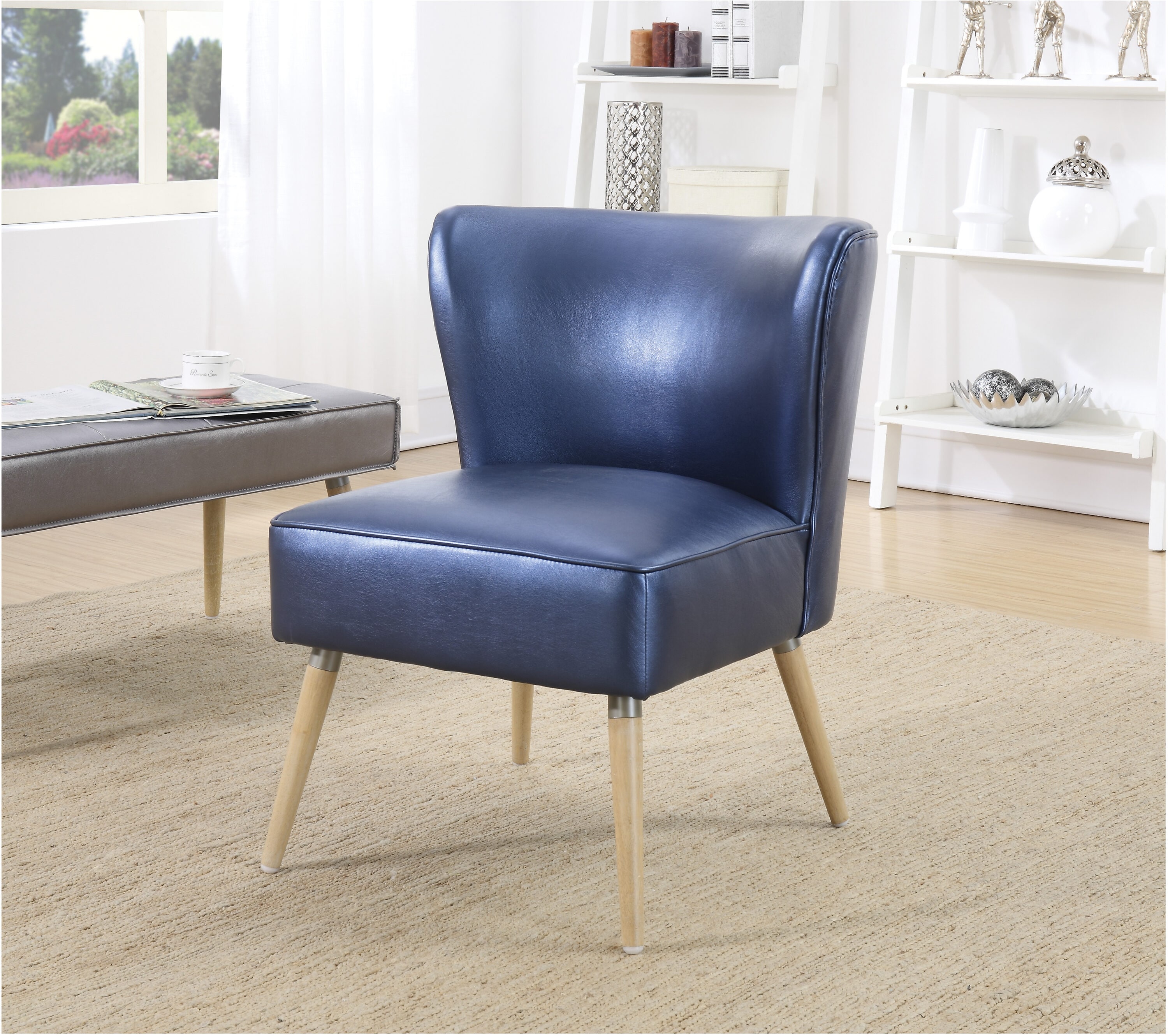 Sizzle Azure Mid-Century Modern Accent Chair in Faux Leather and Wood