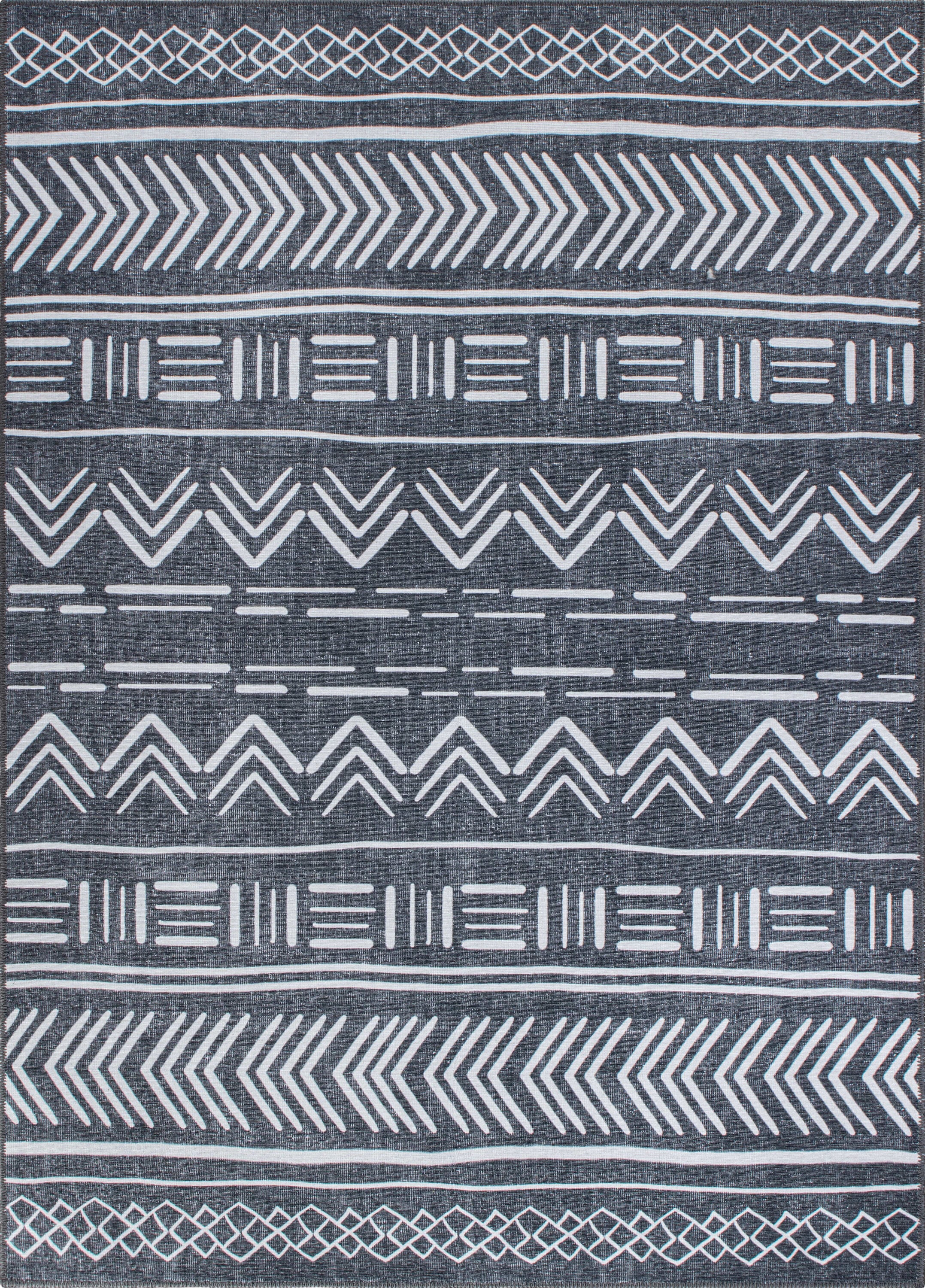 Dark Gray Geometric Flat Woven Machine Washable Area Rug