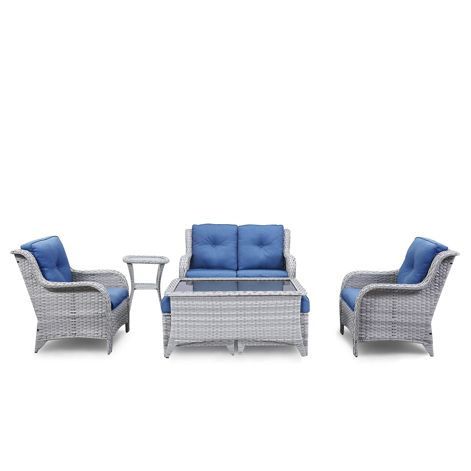 Rilyson FS76078077075072-NB Curved Handrail 7-Piece Wicker Patio Conversation Set with Blue Cushions